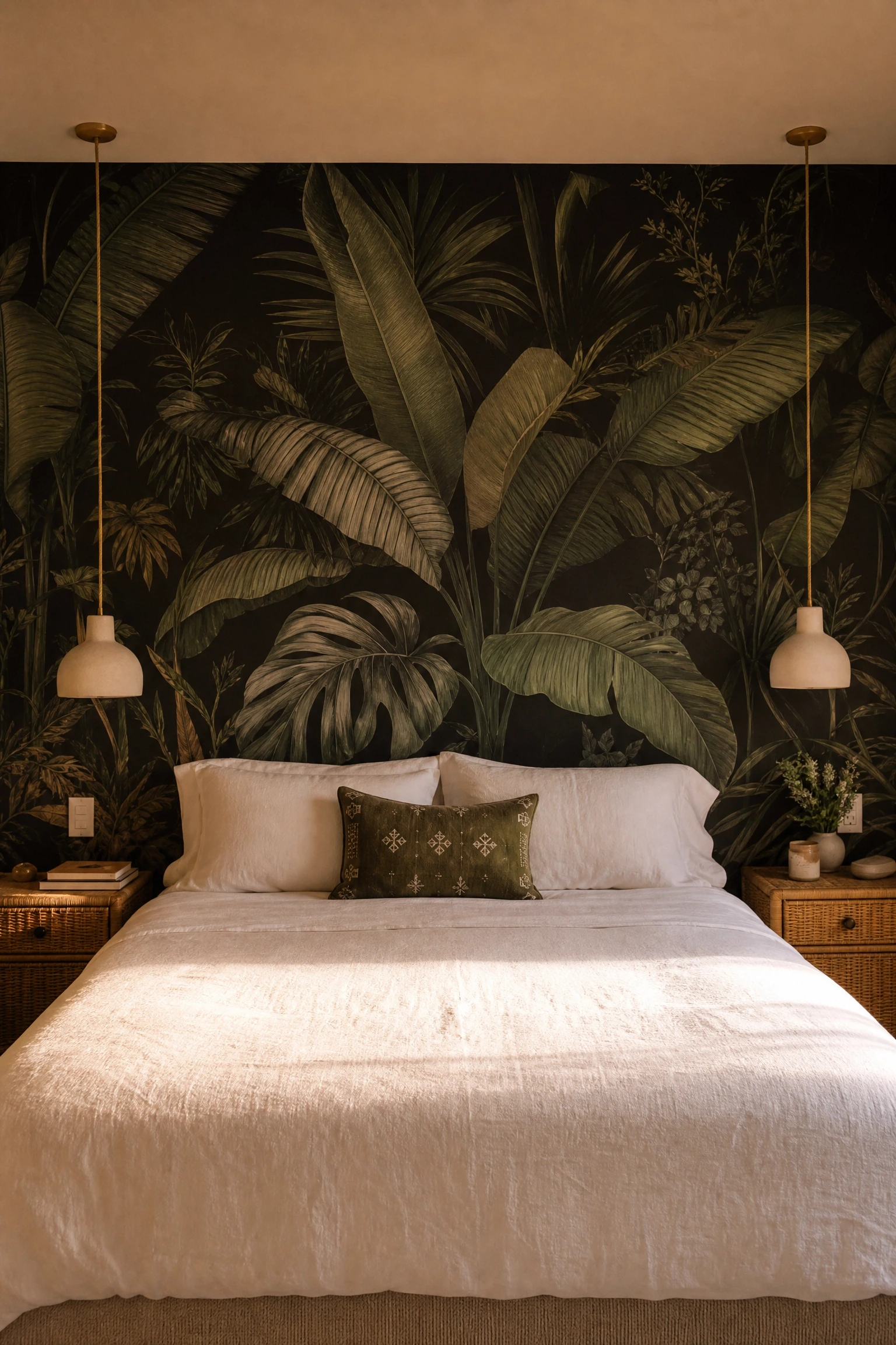 large-scale botanical wallpaper in a bedroom