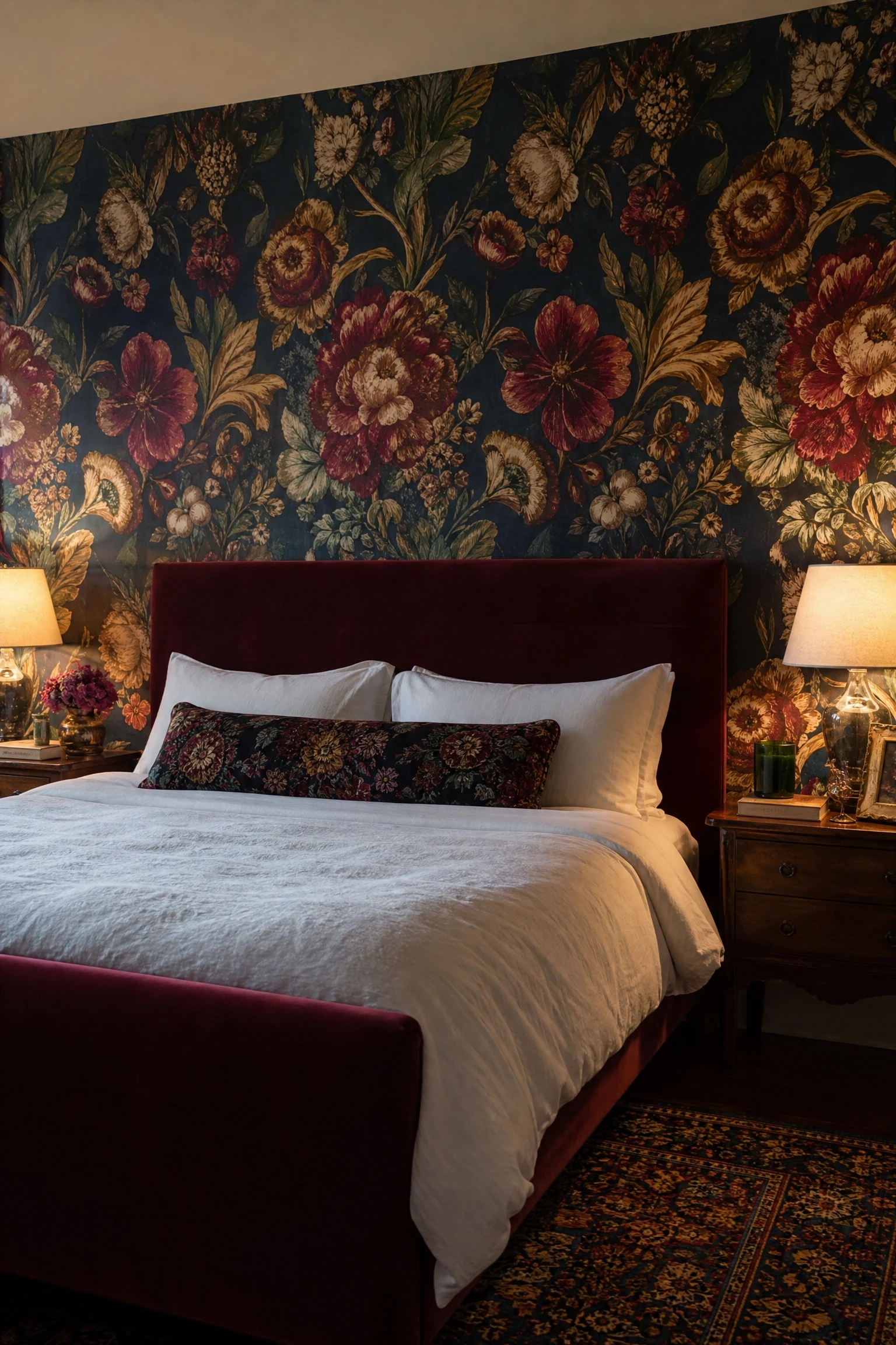 maximalist floral wallpaper in a bedroom