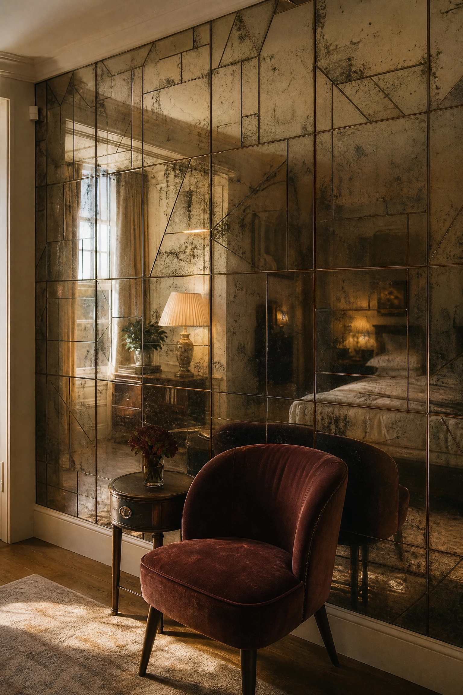 mirror mosaic or antique mirror panel wall in a bedroom