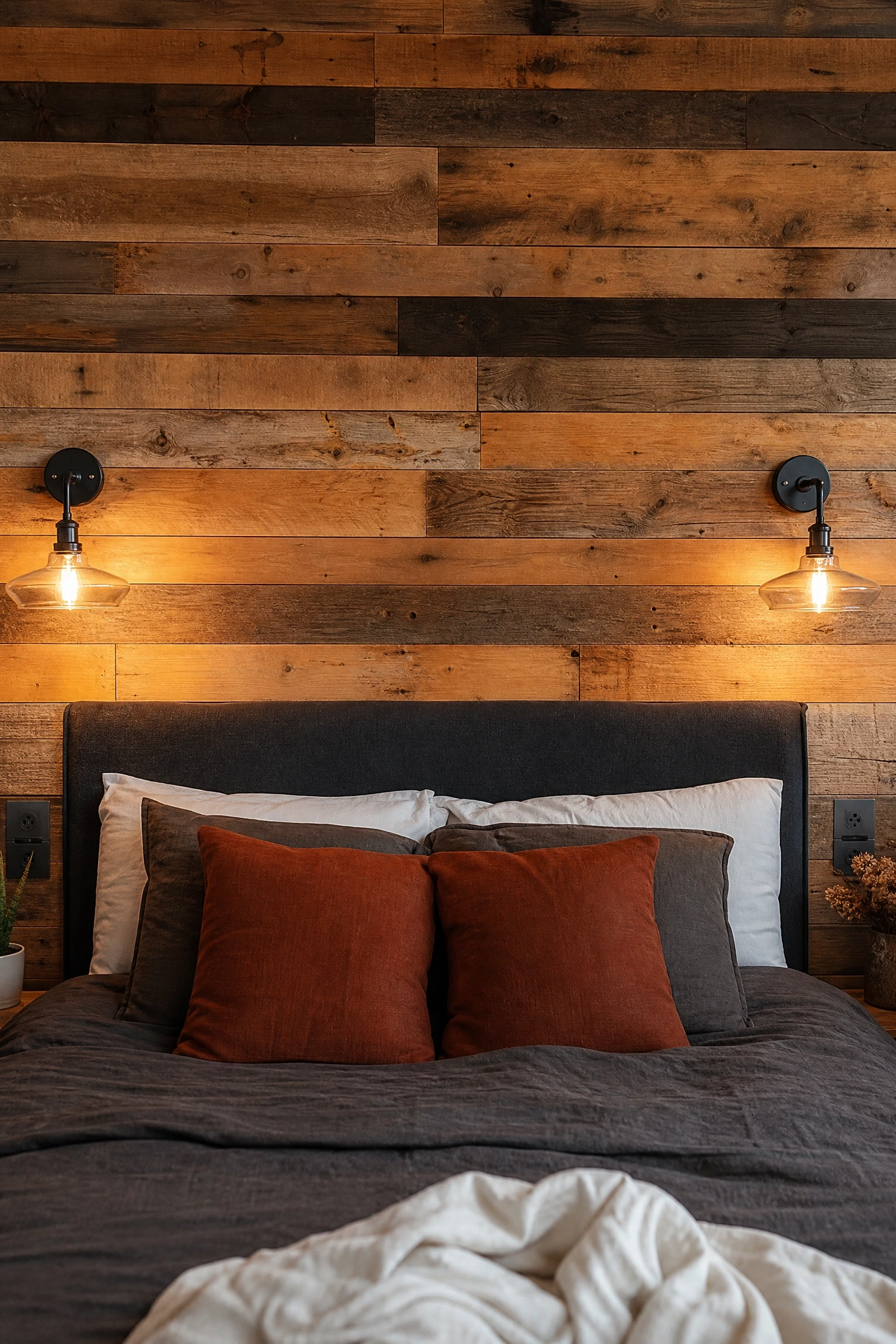 reclaimed wood wall in a bedroom