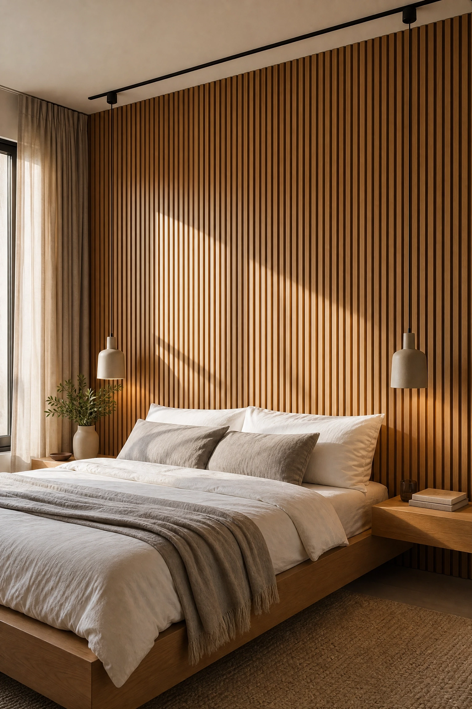 slatted wood panel wall in a bedroom