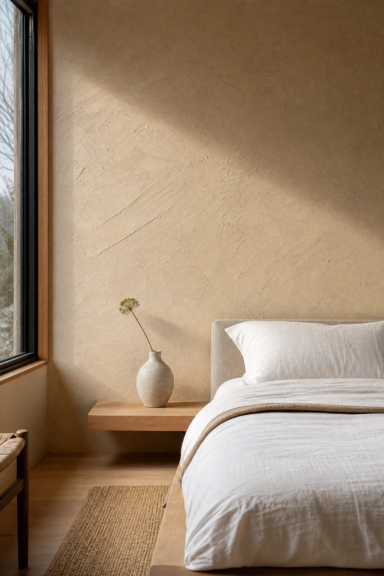 troweled mineral plaster in a bedroom