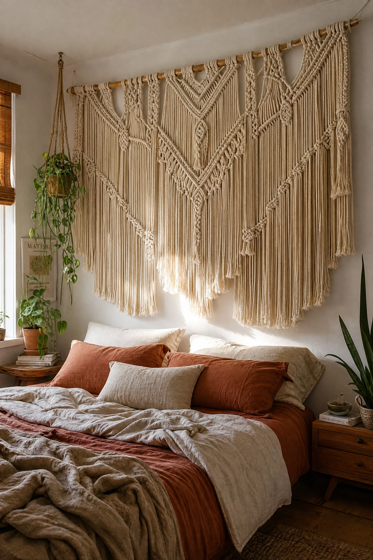 woven wall hanging as soft accent in a bedroom