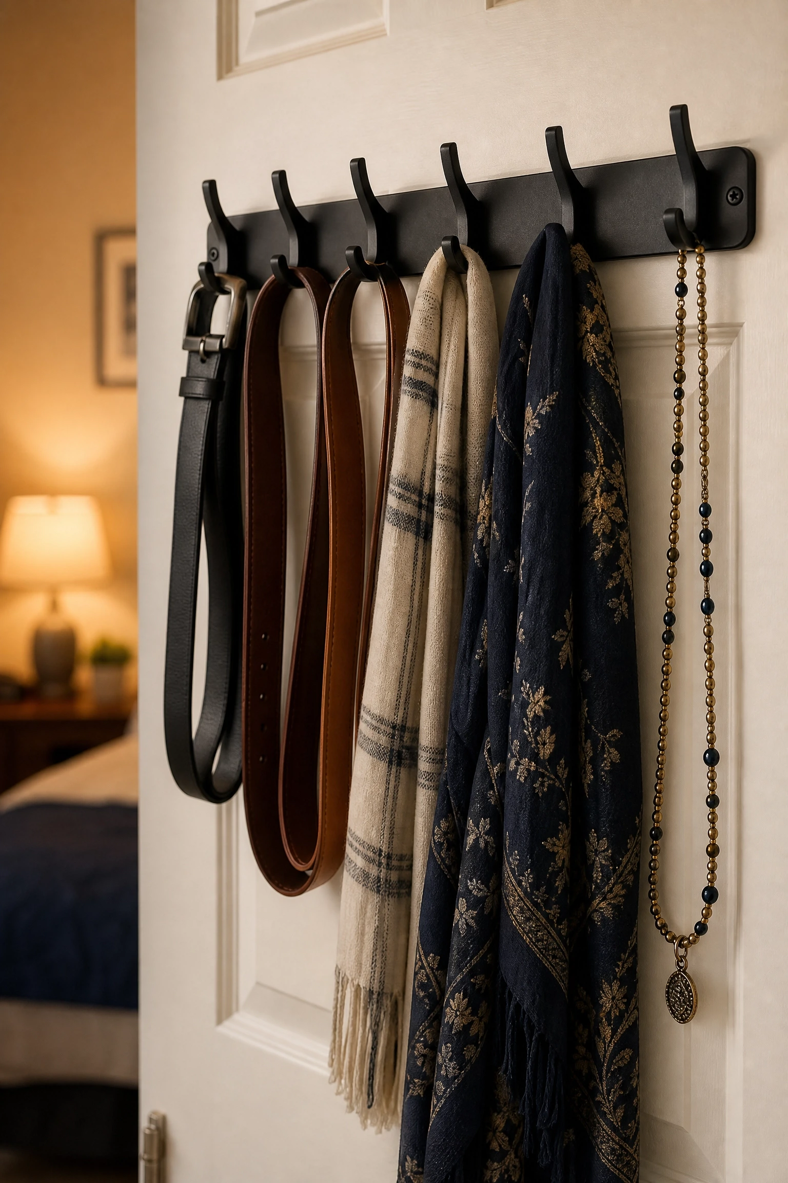 belts and scarves end up in a tangled drawer: use dedicated accessory hooks in a bedroom