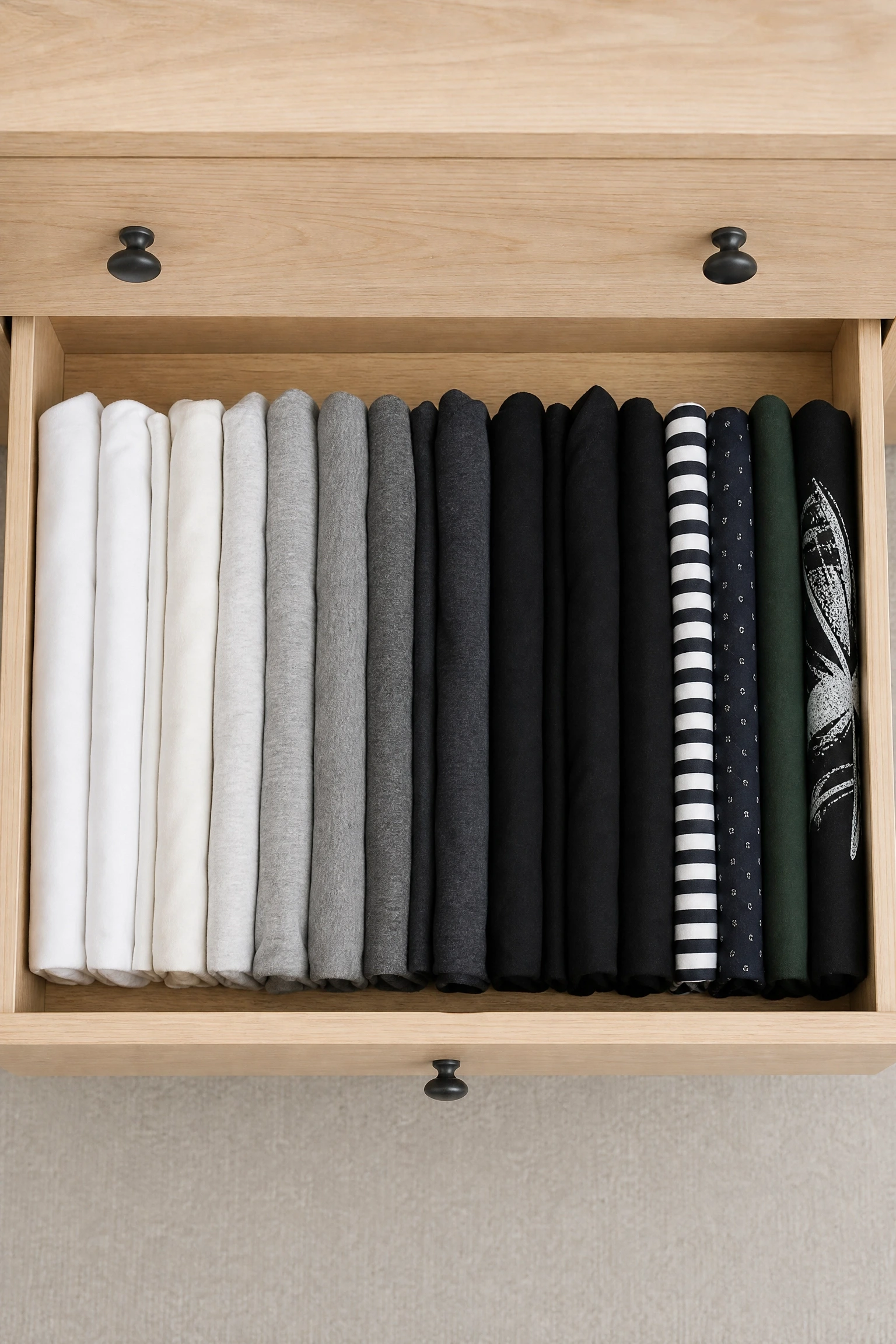 folded clothes always end up a mess: try the vertical fold method in a bedroom