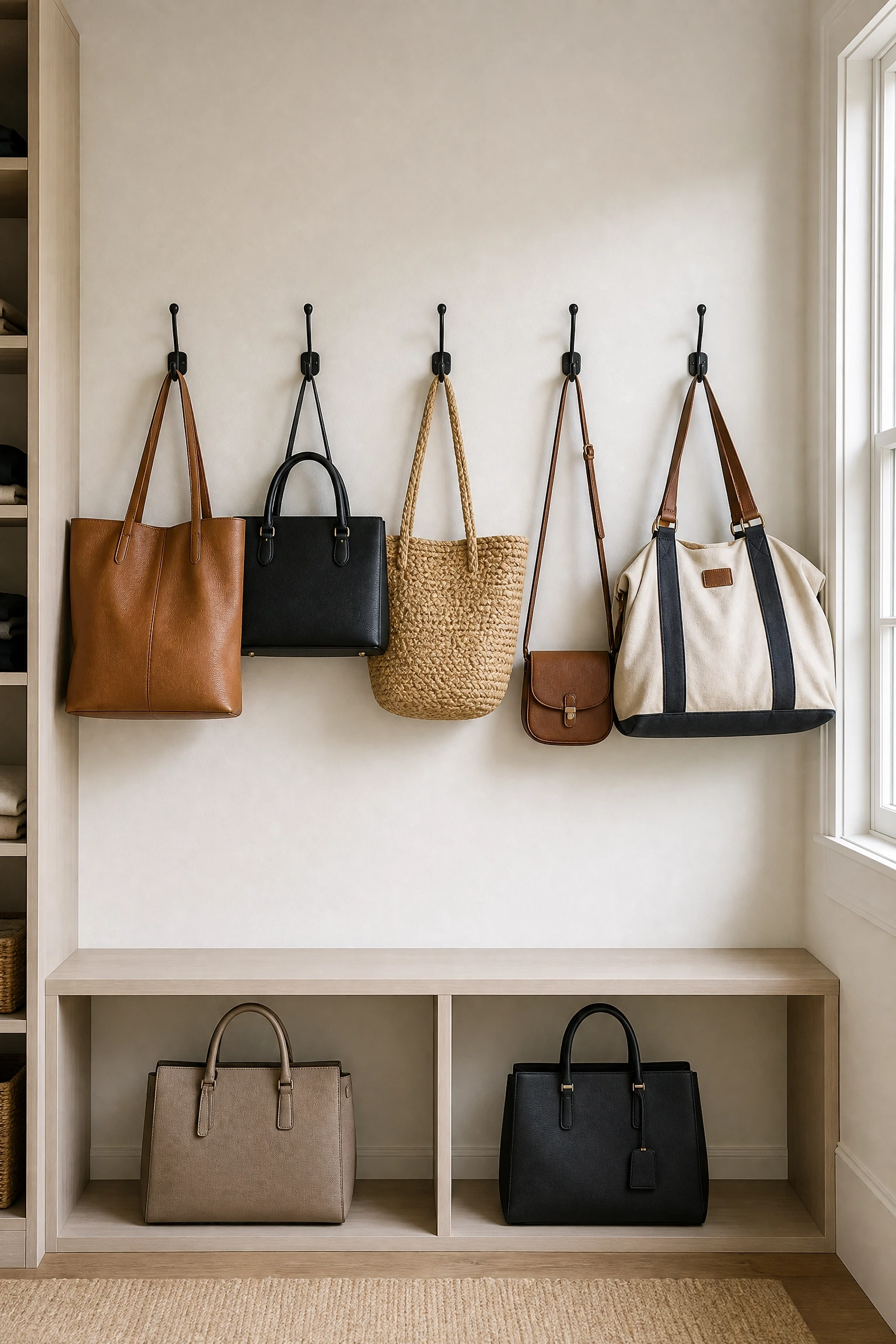 handbags and totes are everywhere: give bags their own zone in a bedroom