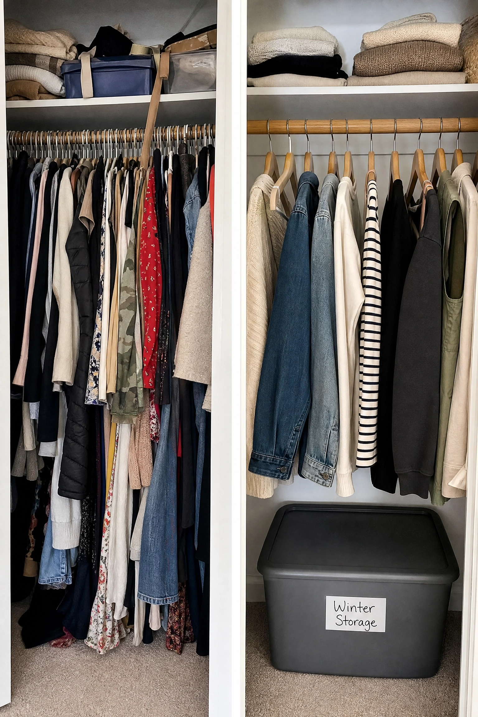 seasonal items crowd out what you actually wear right now: rotate your wardrobe in a bedroom