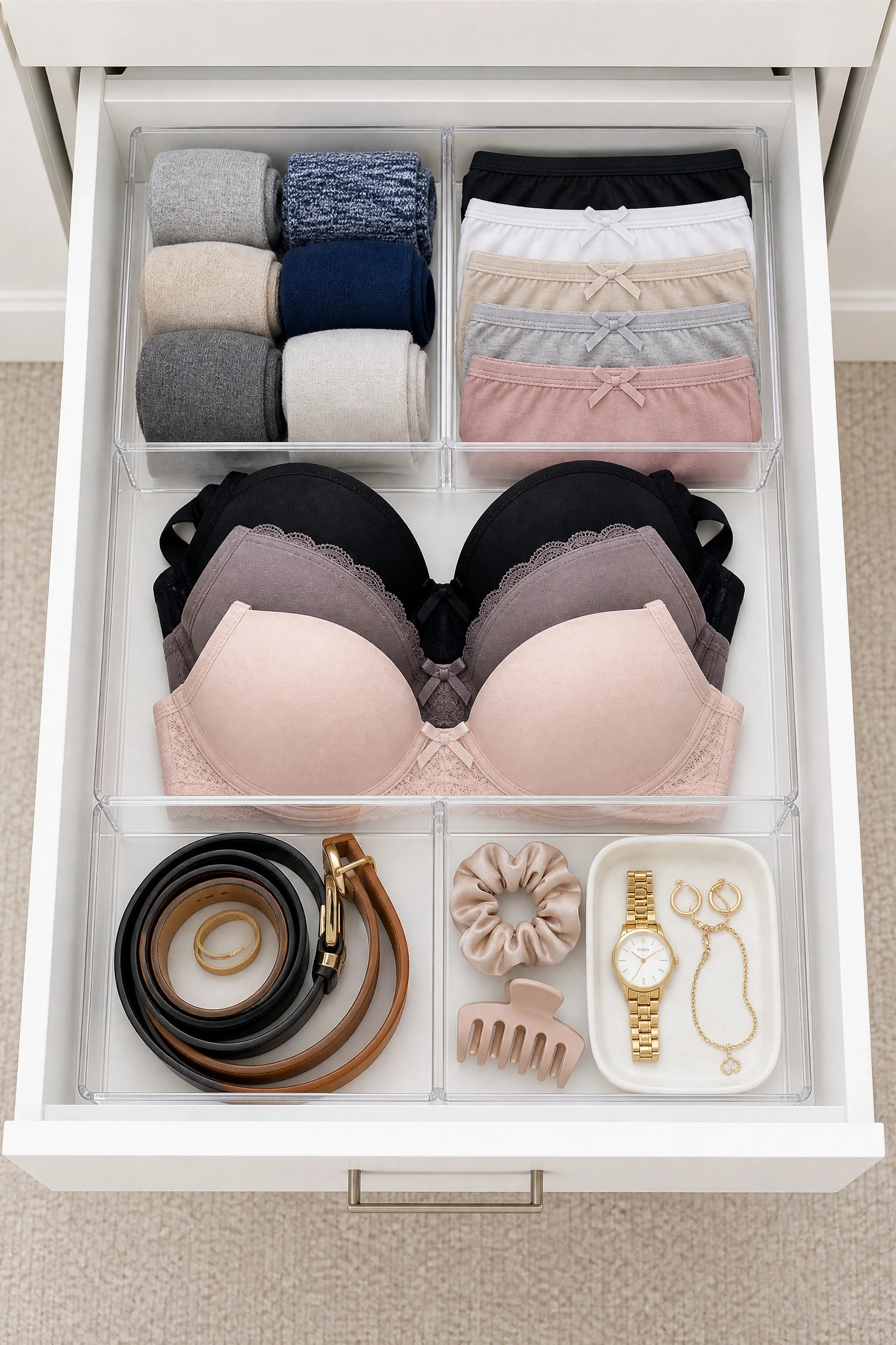 small items always get lost: use clear drawer dividers in a bedroom