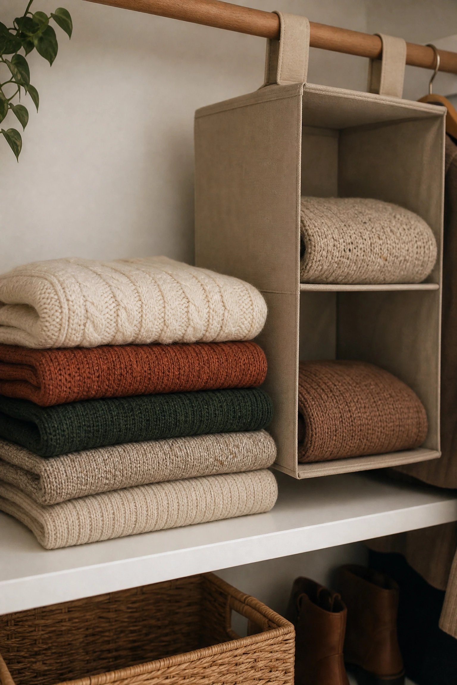 sweaters get ruined on hangers: fold heavy knits instead in a bedroom