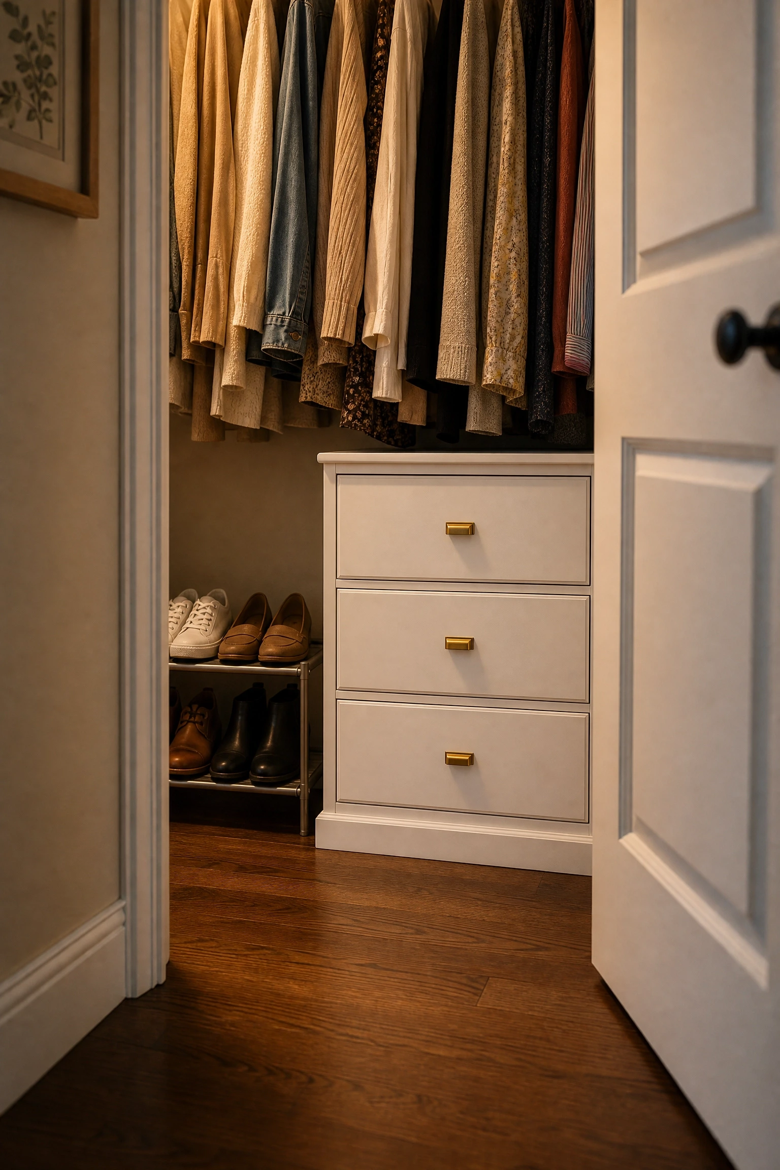 the closet floor is dead space: add a low shoe bench or drawer unit in a bedroom