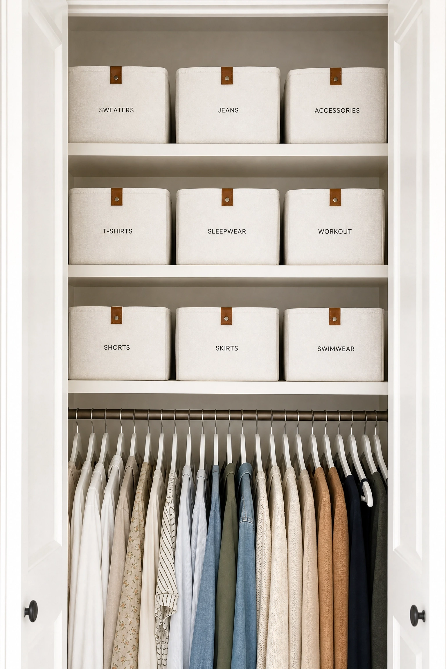the closet looks cluttered even when it is clean: use consistent storage containers in a bedroom