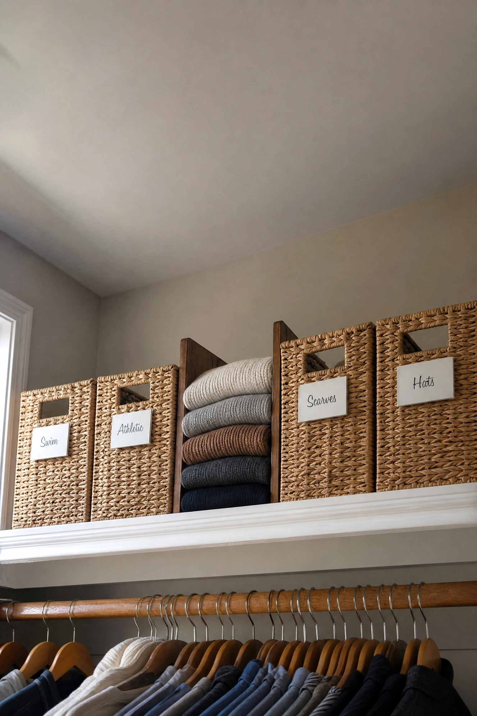 the shelf above the rod is useless: use baskets and shelf dividers in a bedroom