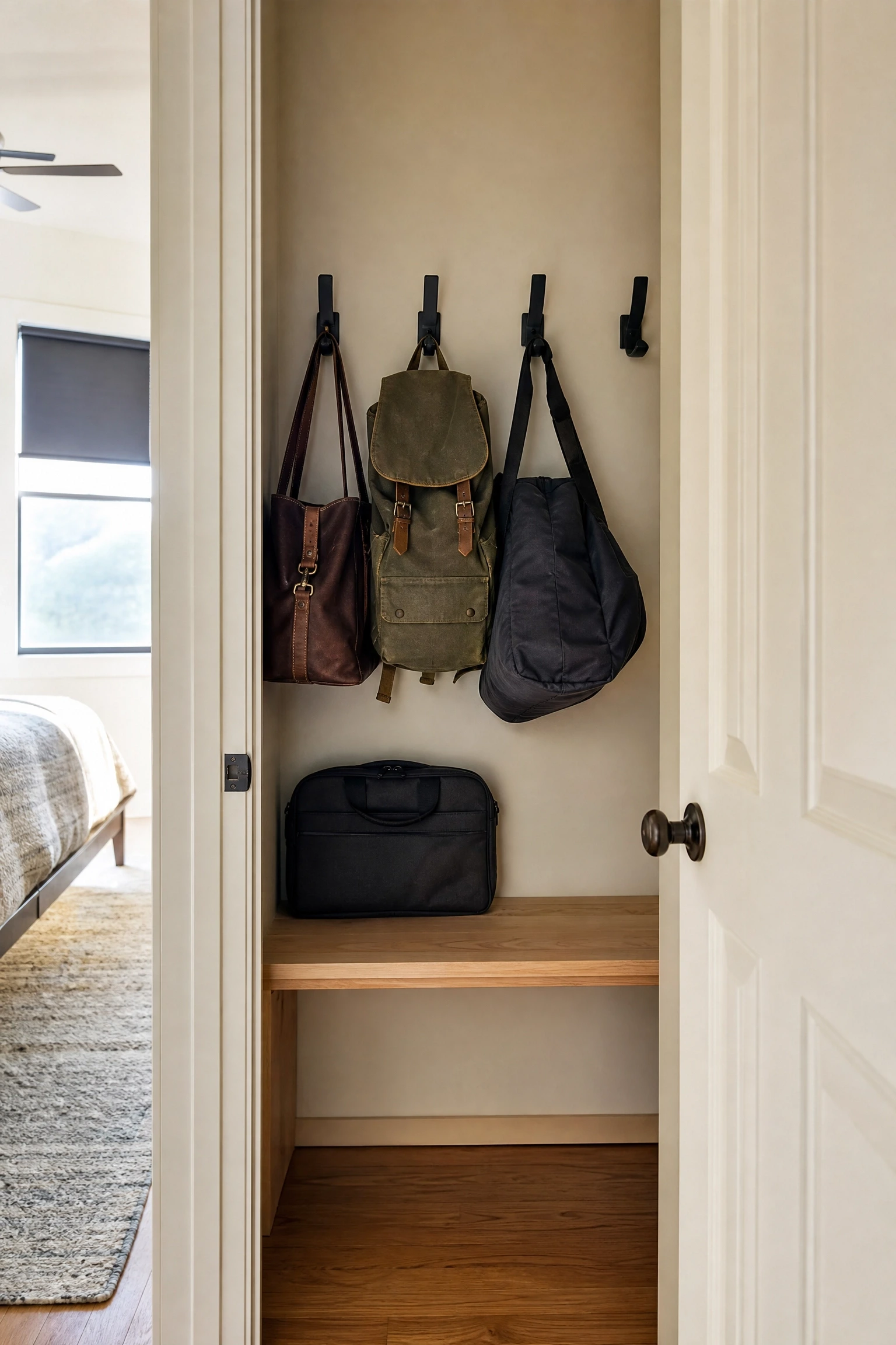 there is no space for bags and backpacks near the door: use the closet strategically in a bedroom