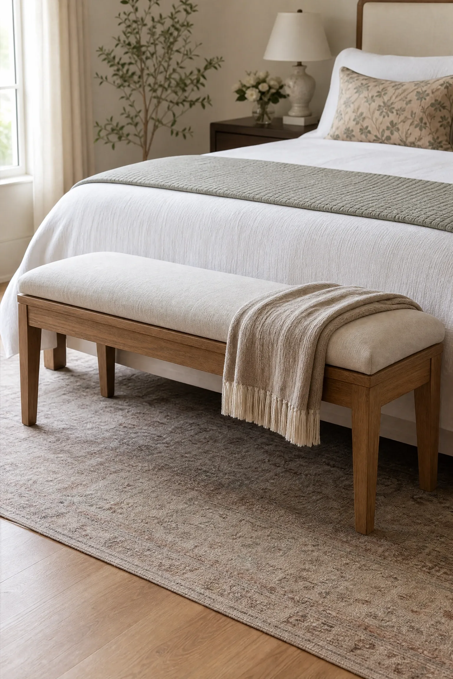 a bench at the foot of the bed in a bedroom