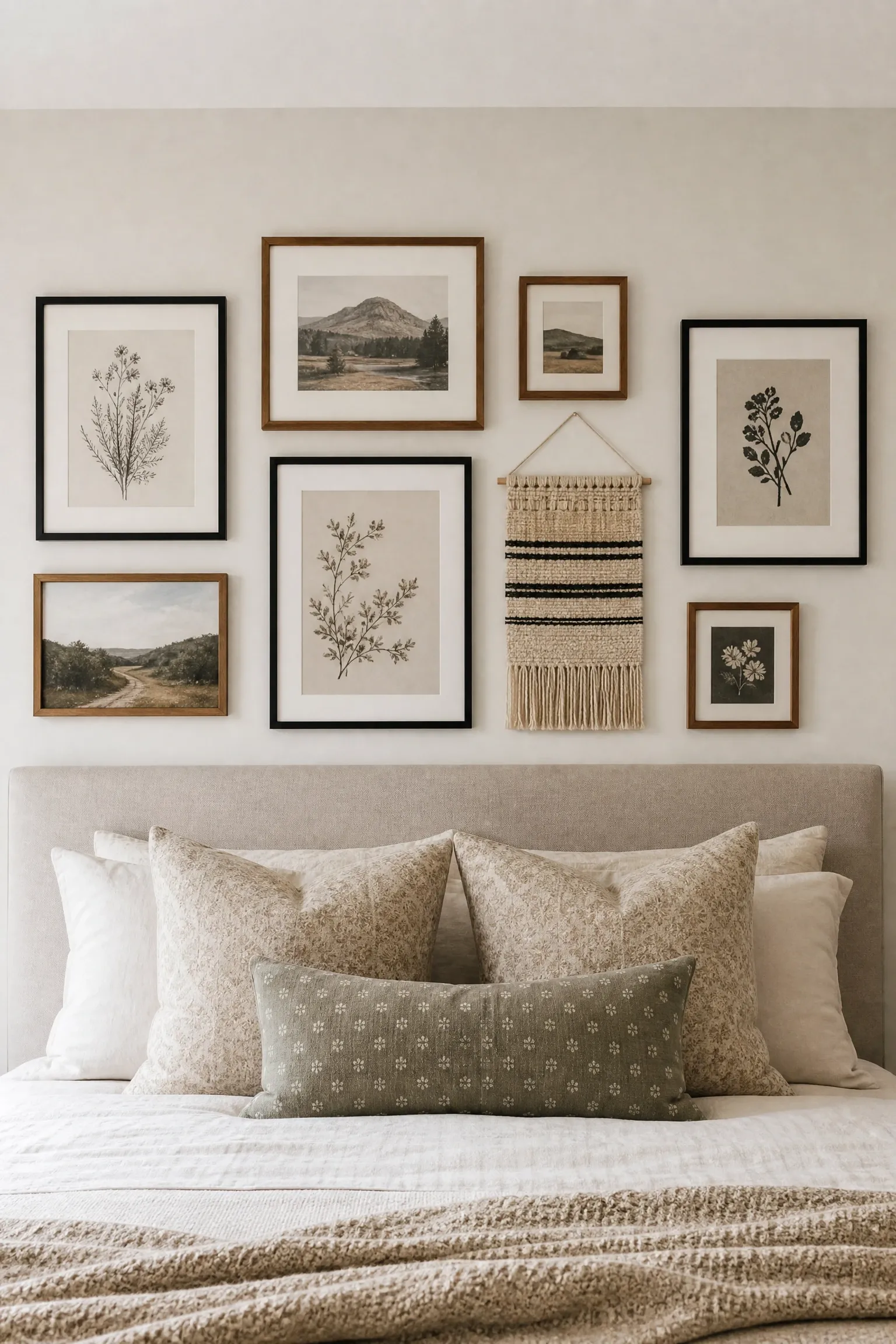 a gallery wall above the bed in a bedroom