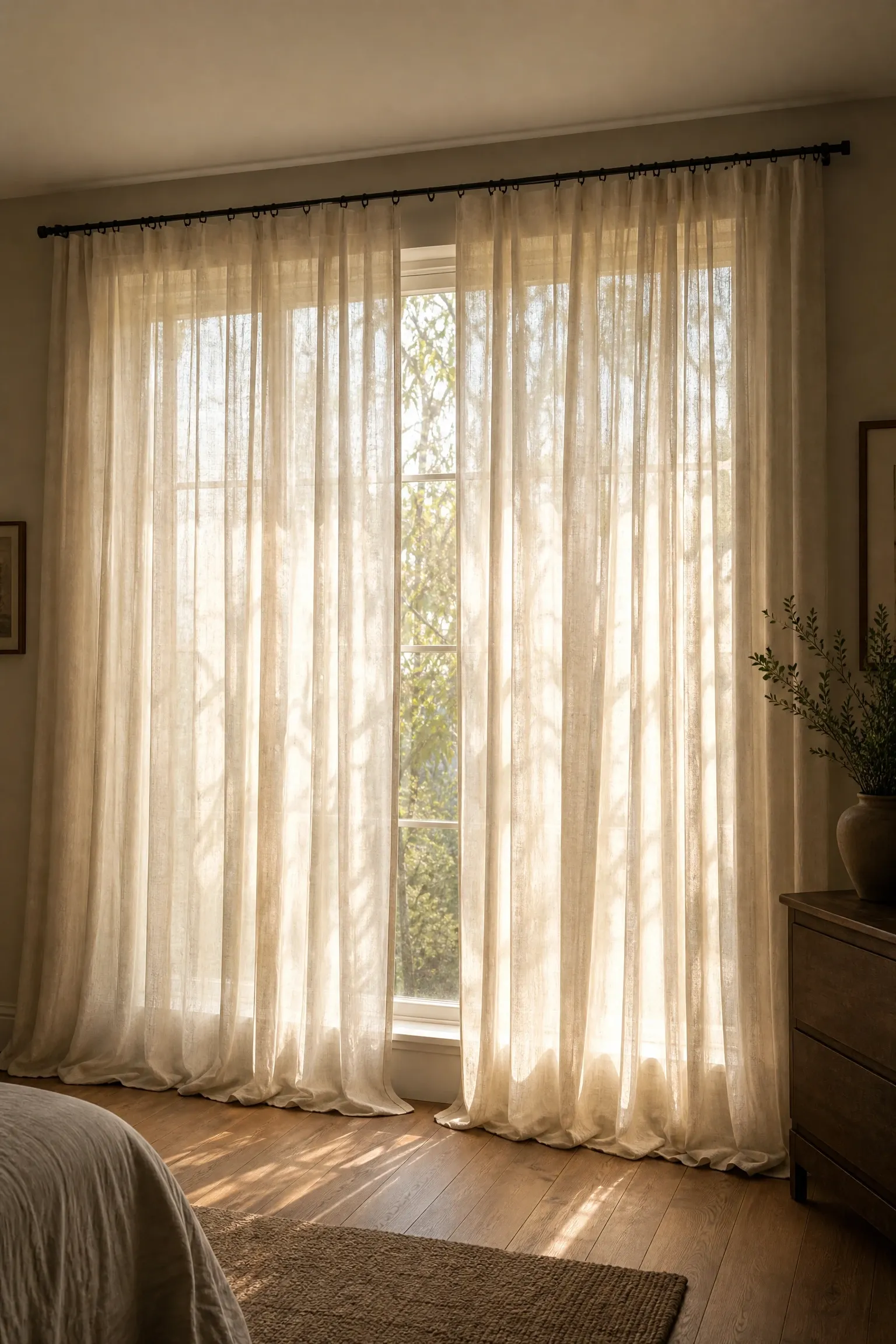 curtains that actually reach the floor in a bedroom
