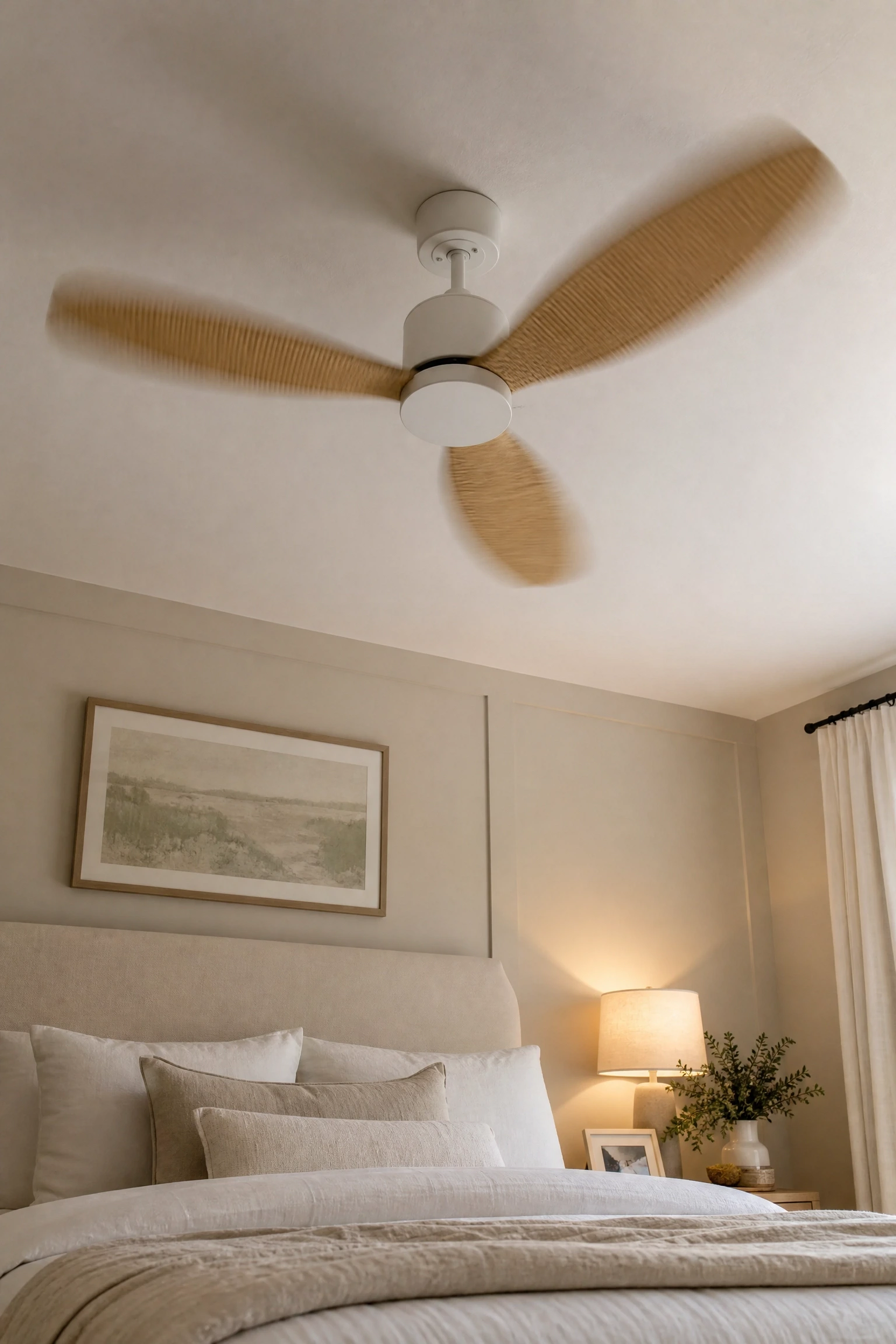 add a ceiling fan or decorative fan: feels noticeably cooler, looks architectural in a bedroom