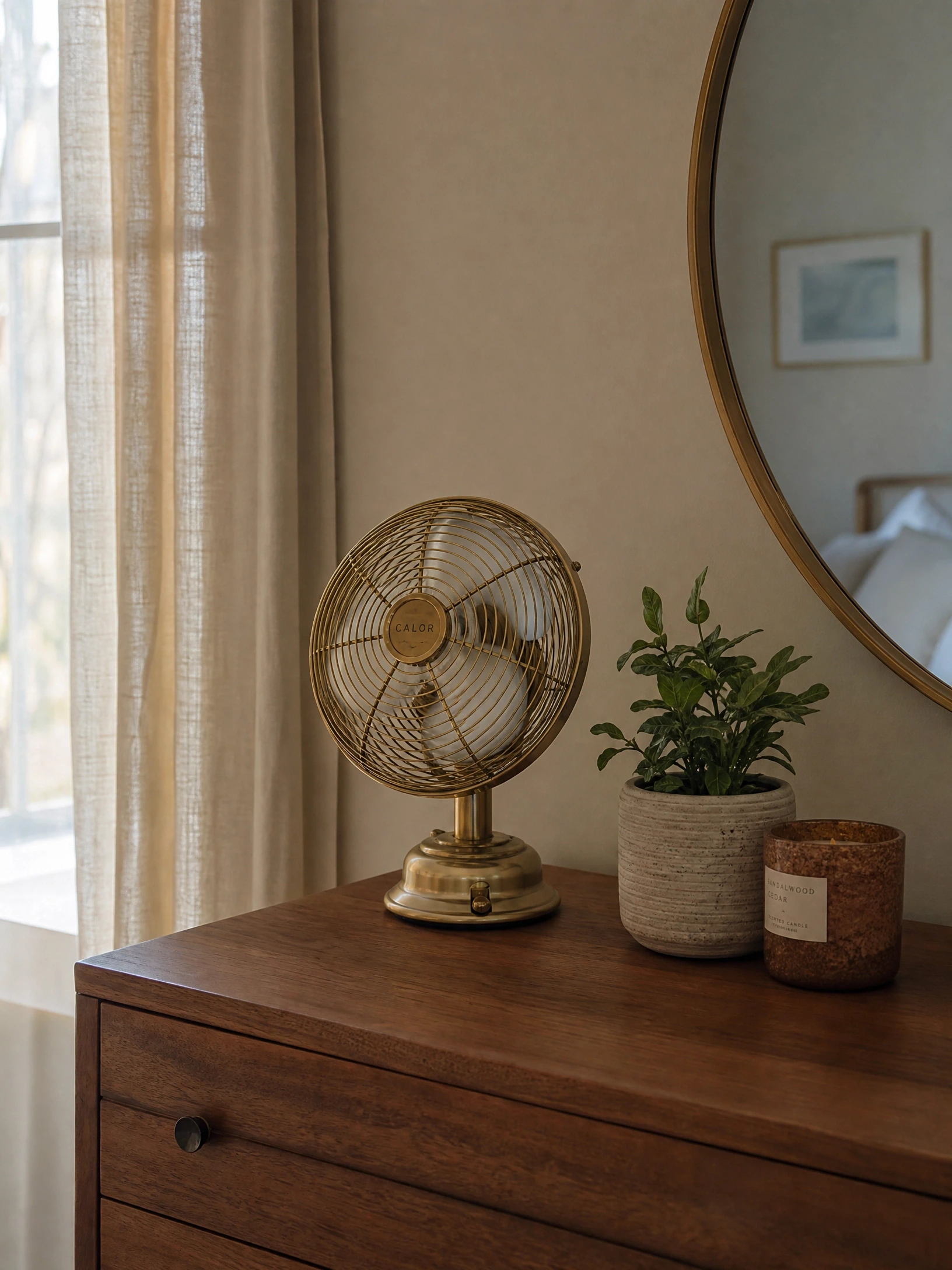add a portable outdoor fan as a design element: feels genuinely cooler, looks considered in a bedroom
