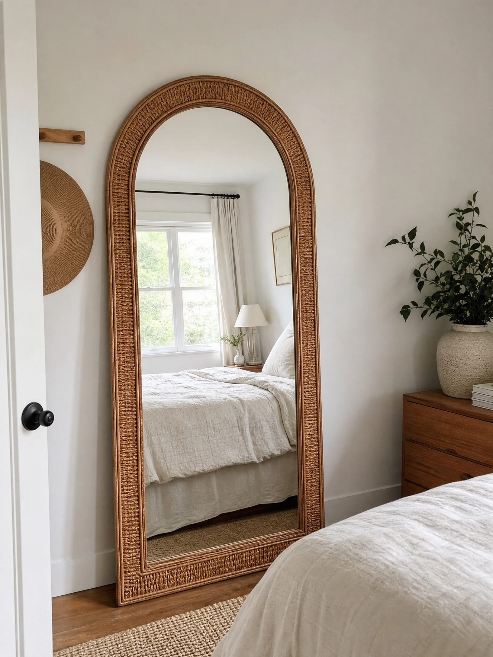 add a vintage or rattan mirror: feels larger, looks sun-kissed in a bedroom