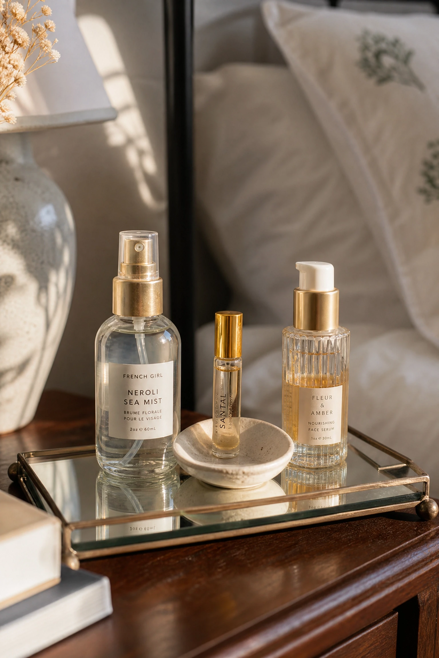 decant summer skincare and fragrance as bedside decor: feels personal, looks intentional in a bedroom