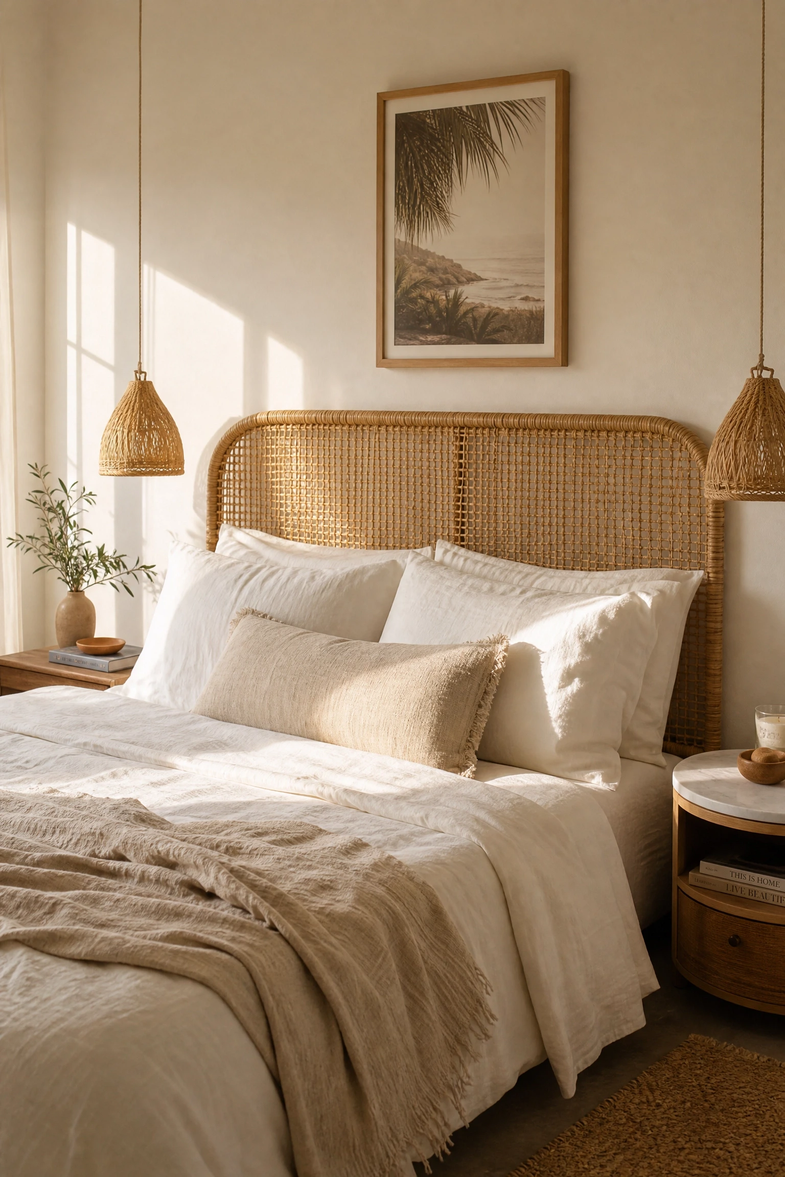 introduce a rattan or cane headboard: feels natural, looks instantly summery in a bedroom
