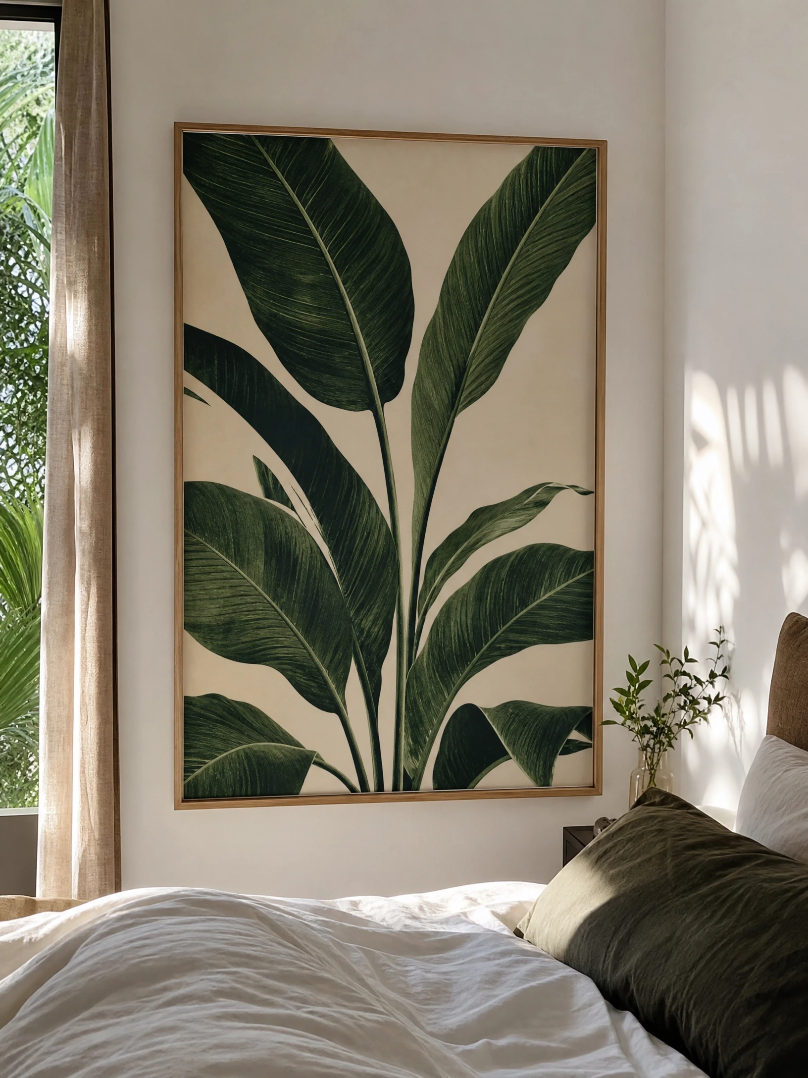 introduce coastal or botanical artwork: feels escapist, looks considered in a bedroom