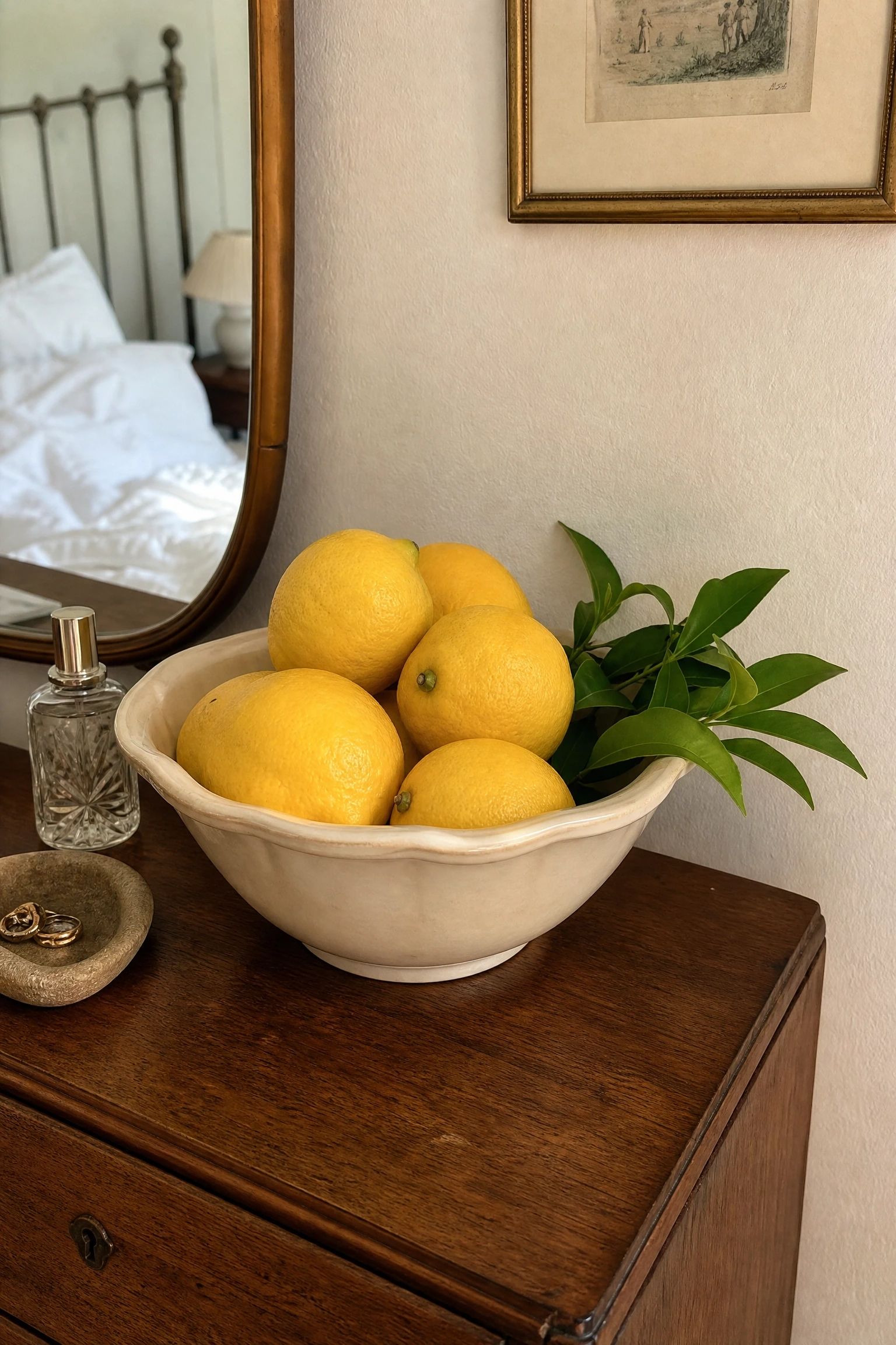 place a tray of citrus or seasonal fruit as a still life: feels joyful, looks abundant in a bedroom