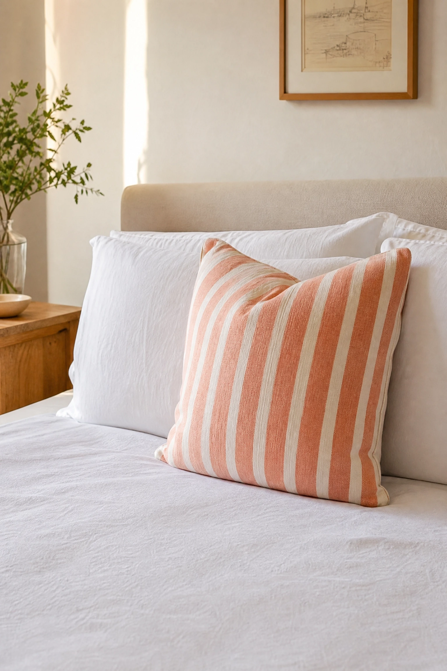 refresh the pillow arrangement for summer: feels easier, looks more relaxed in a bedroom