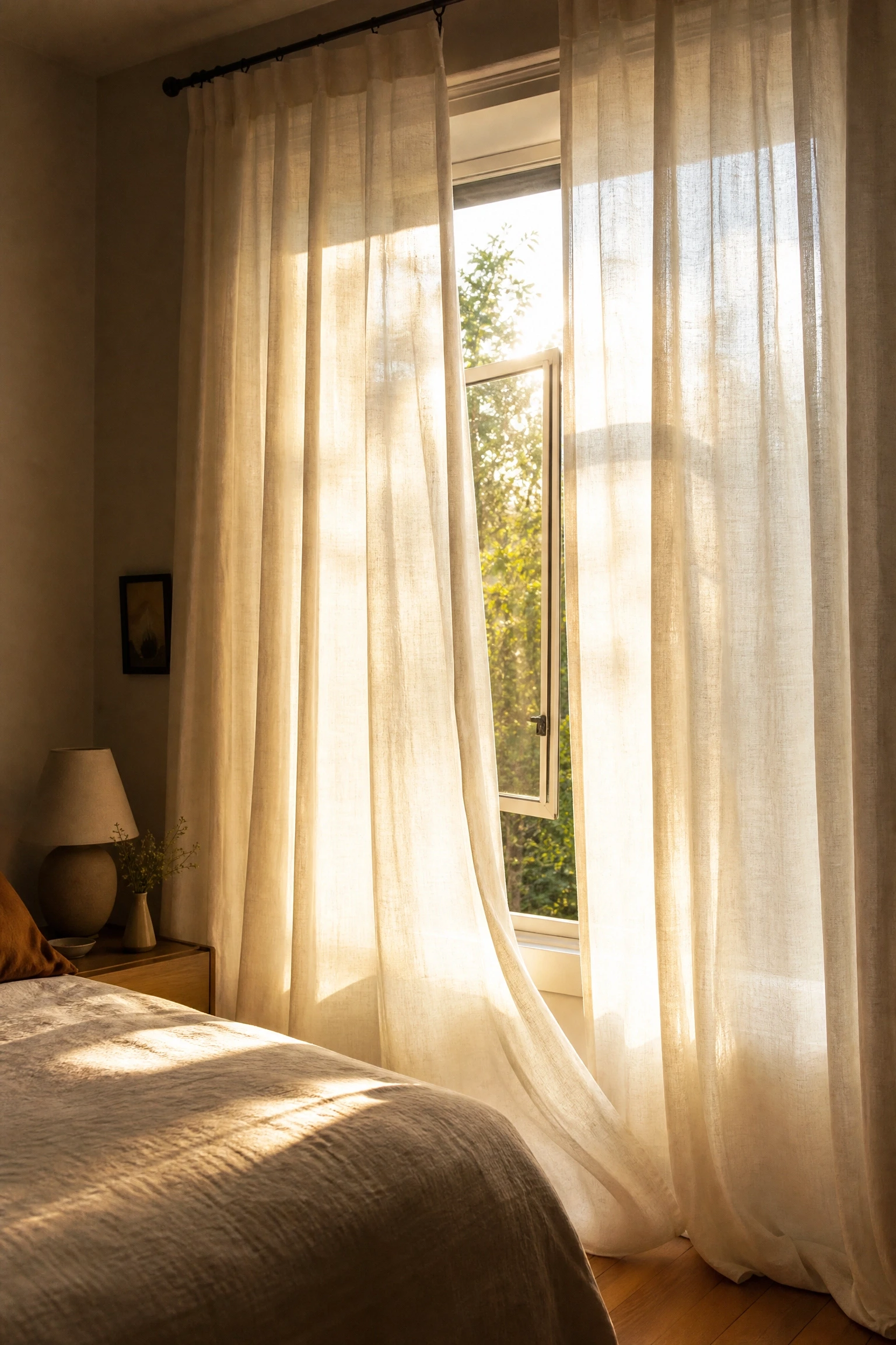 swap heavy curtains for sheer linen panels: feels airier, looks luminous in a bedroom