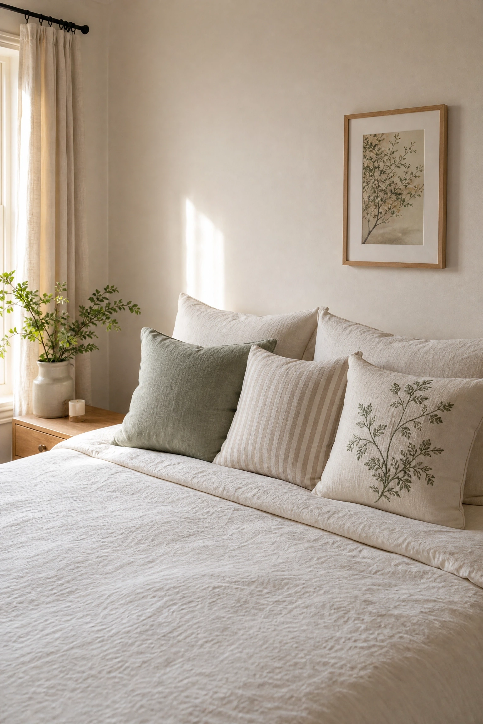 swap velvet and wool cushions for cotton or linen: feels less stuffy, looks crisper in a bedroom