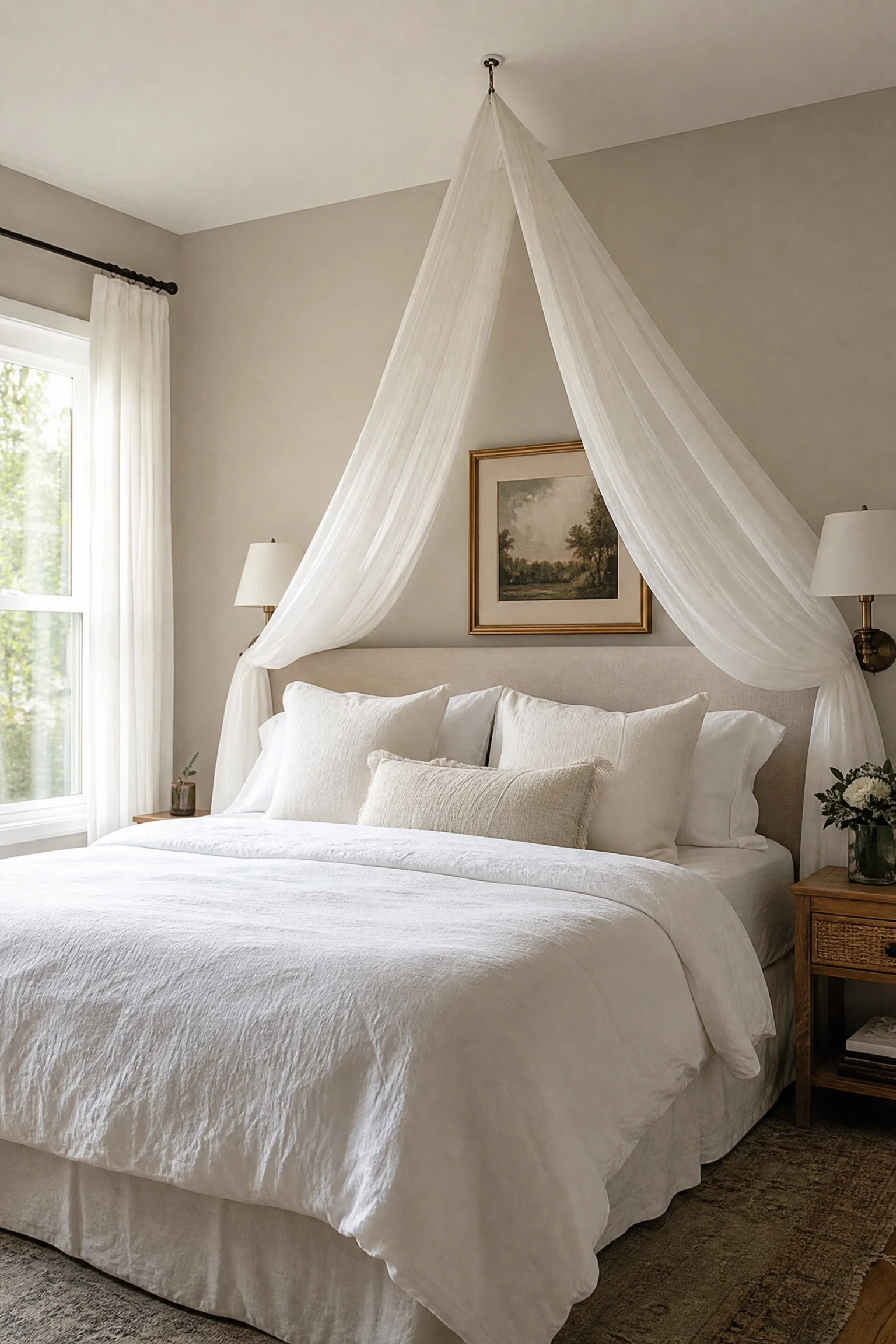 use a canopy or draped fabric above the bed: feels romantic, looks like a destination in a bedroom