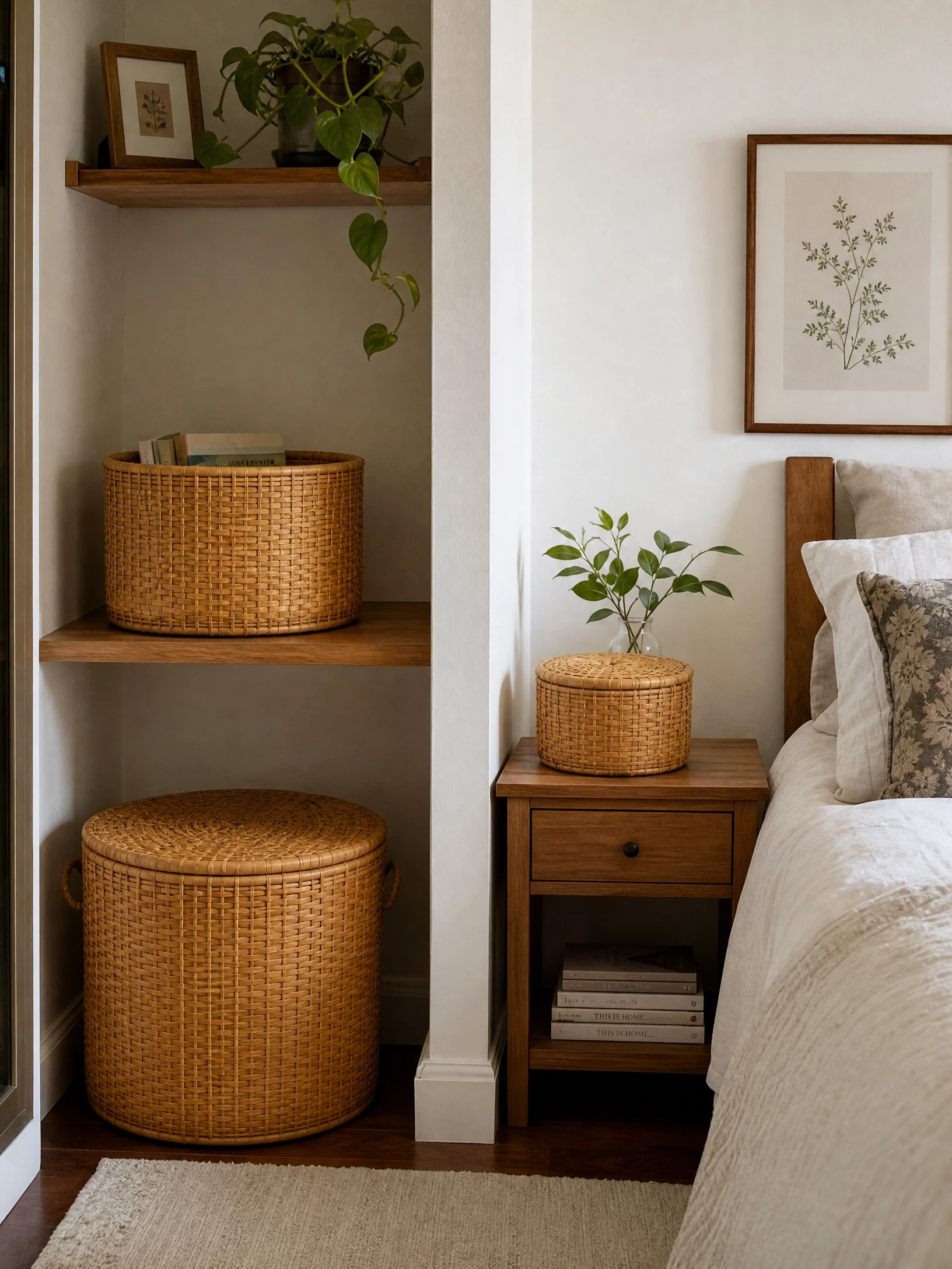 use bamboo or wicker baskets for storage: feels organized, looks natural in a bedroom