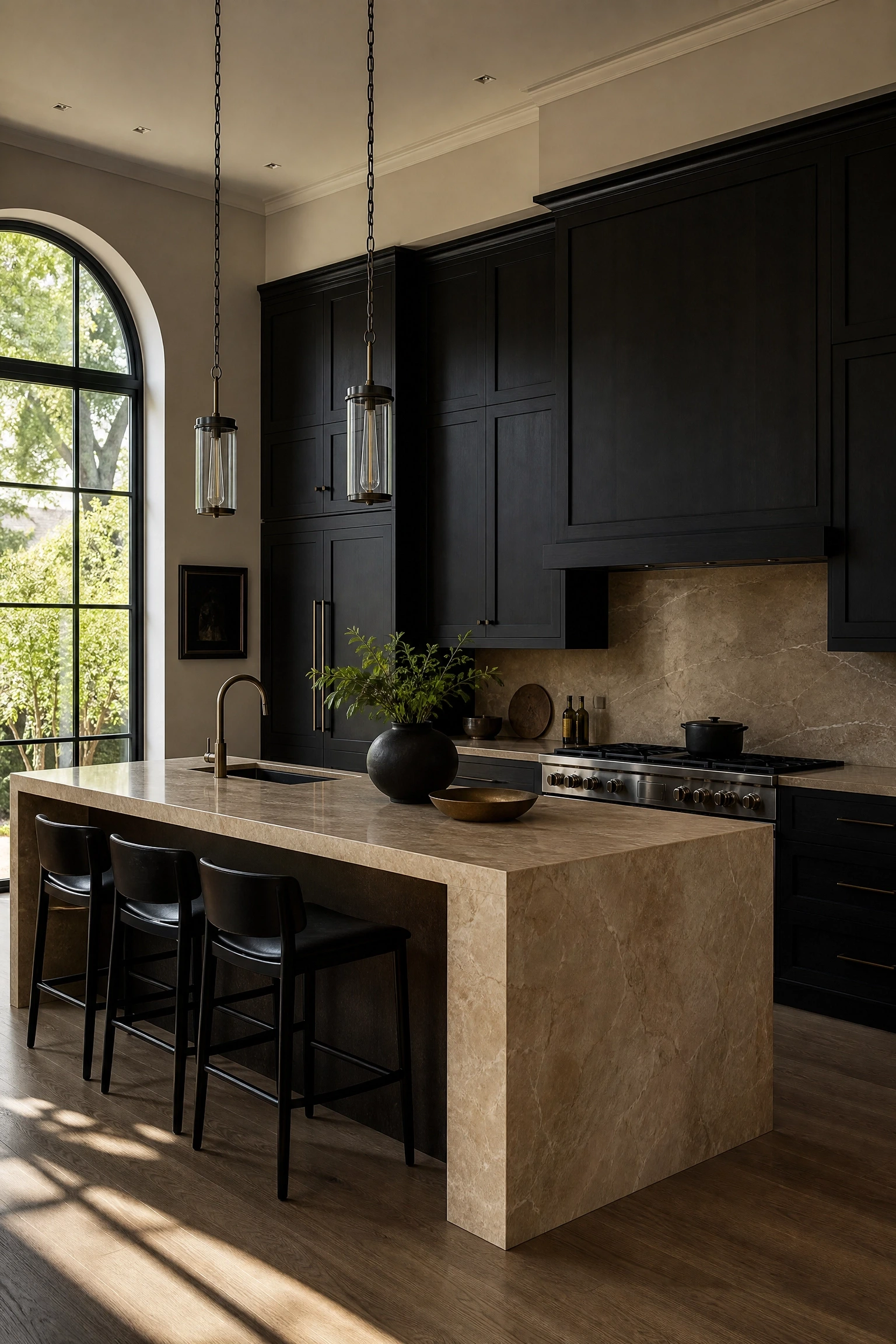 all-black kitchen with a beige or marble waterfall island