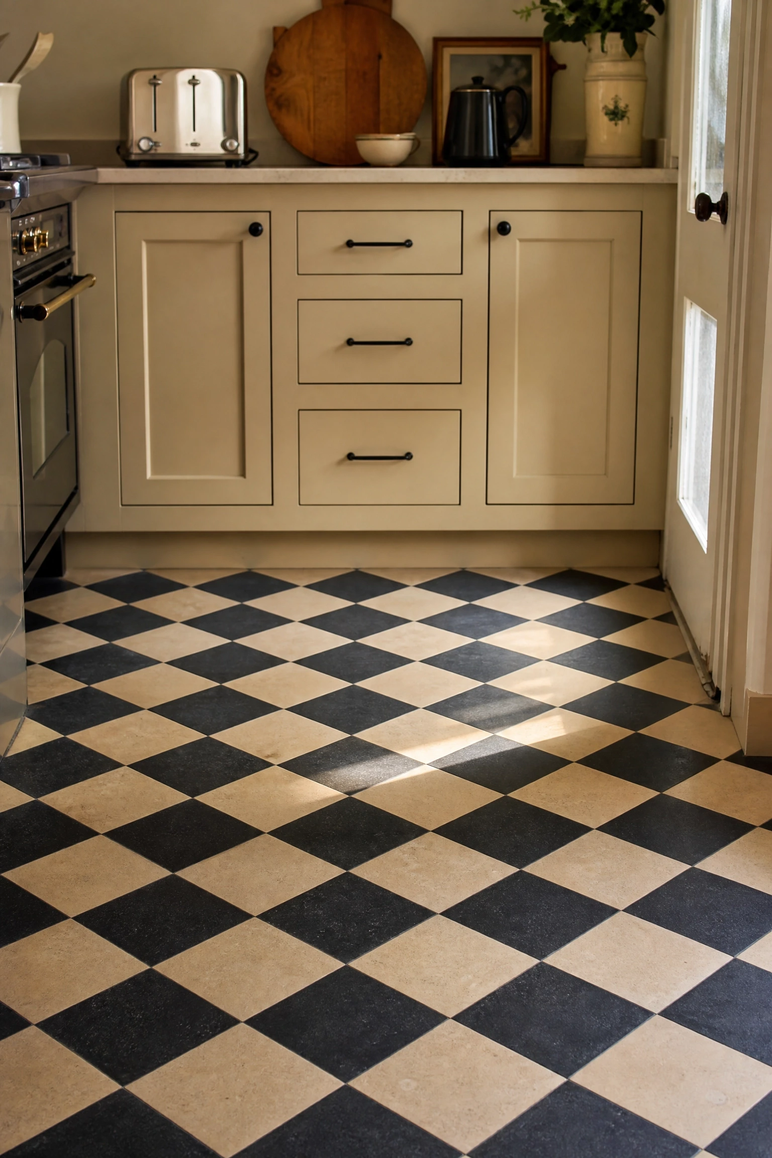 beige and black checkerboard floor in a kitchen