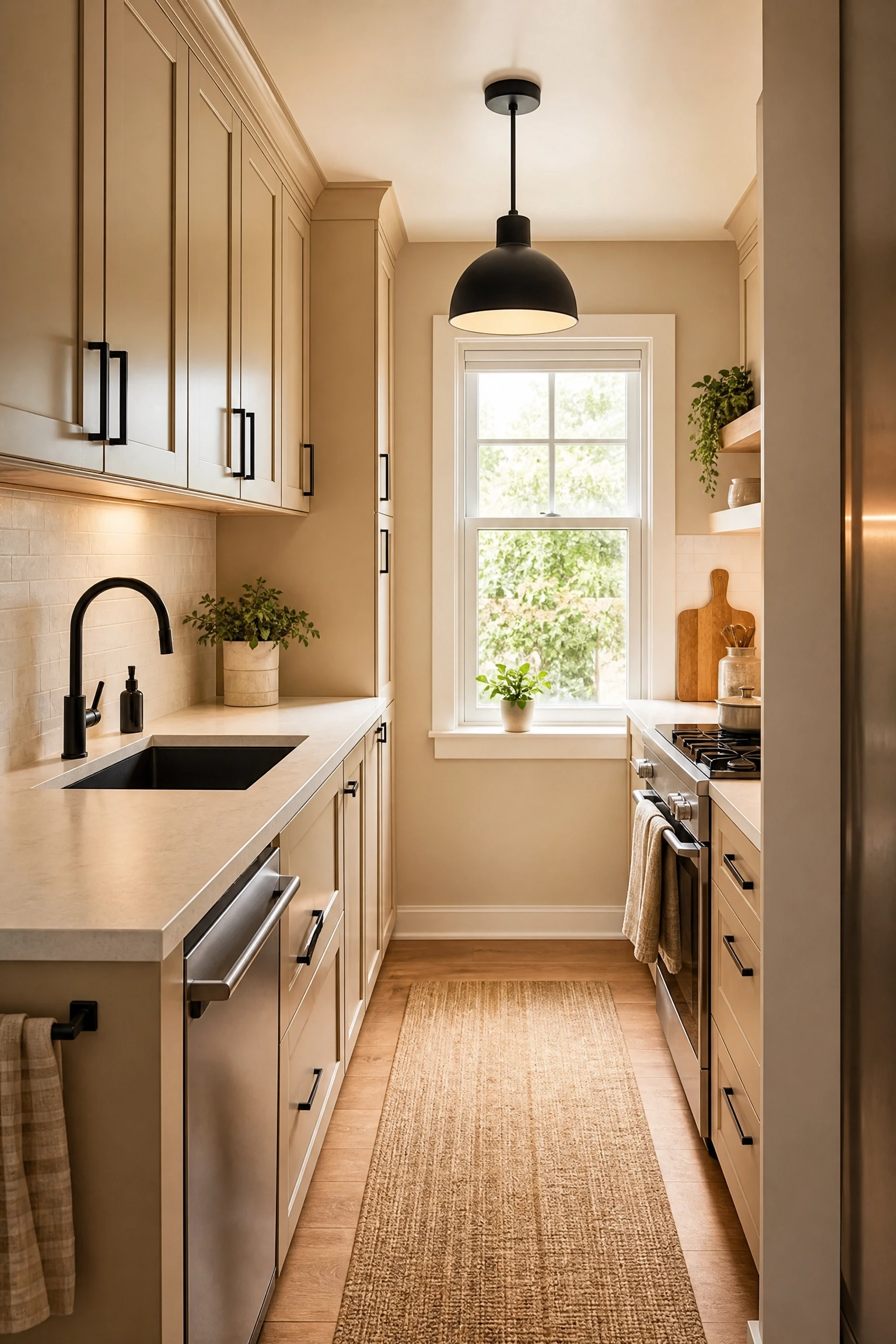 beige and black in a small kitchen: keep it strategic