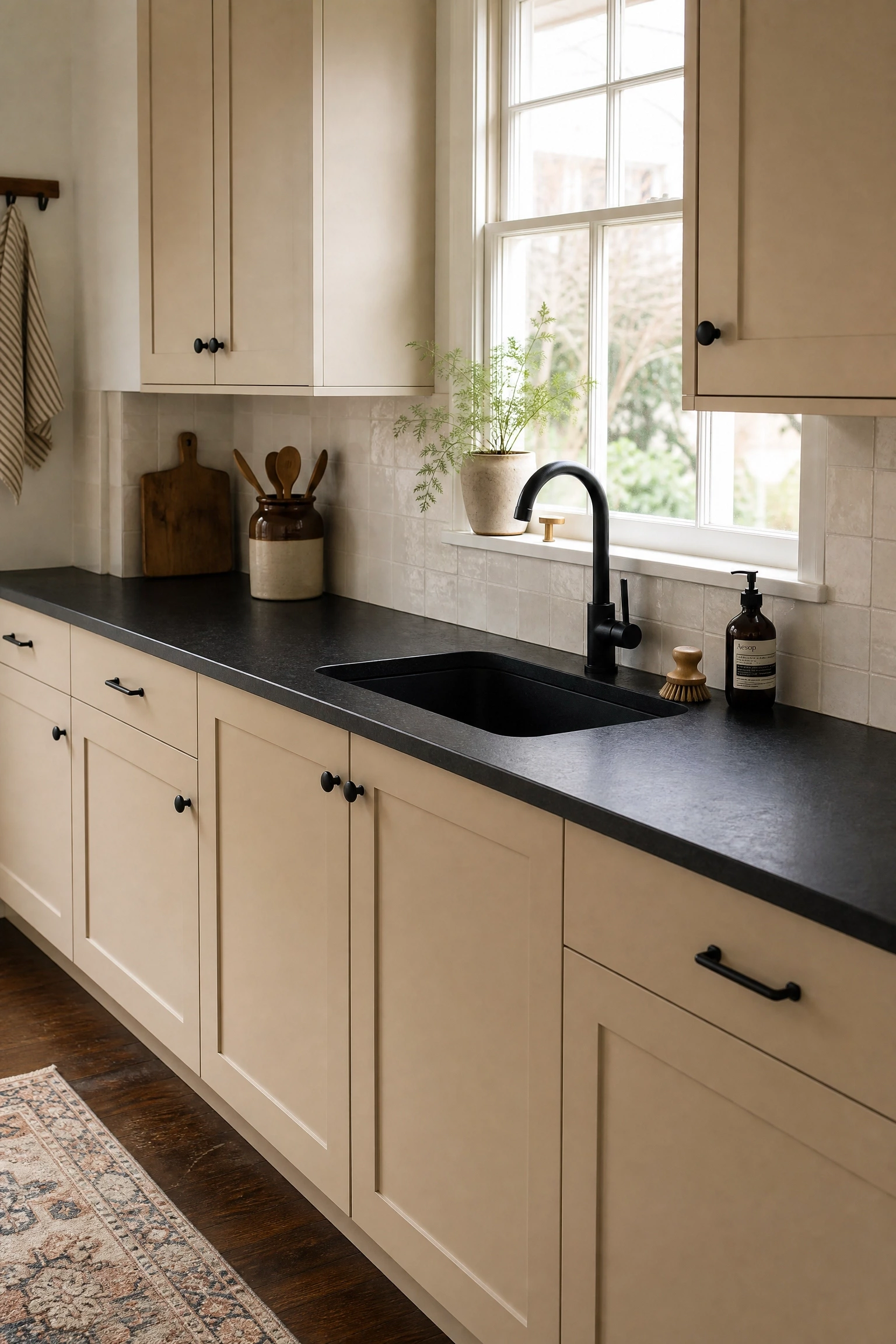 beige cabinets with a black countertop in a kitchen