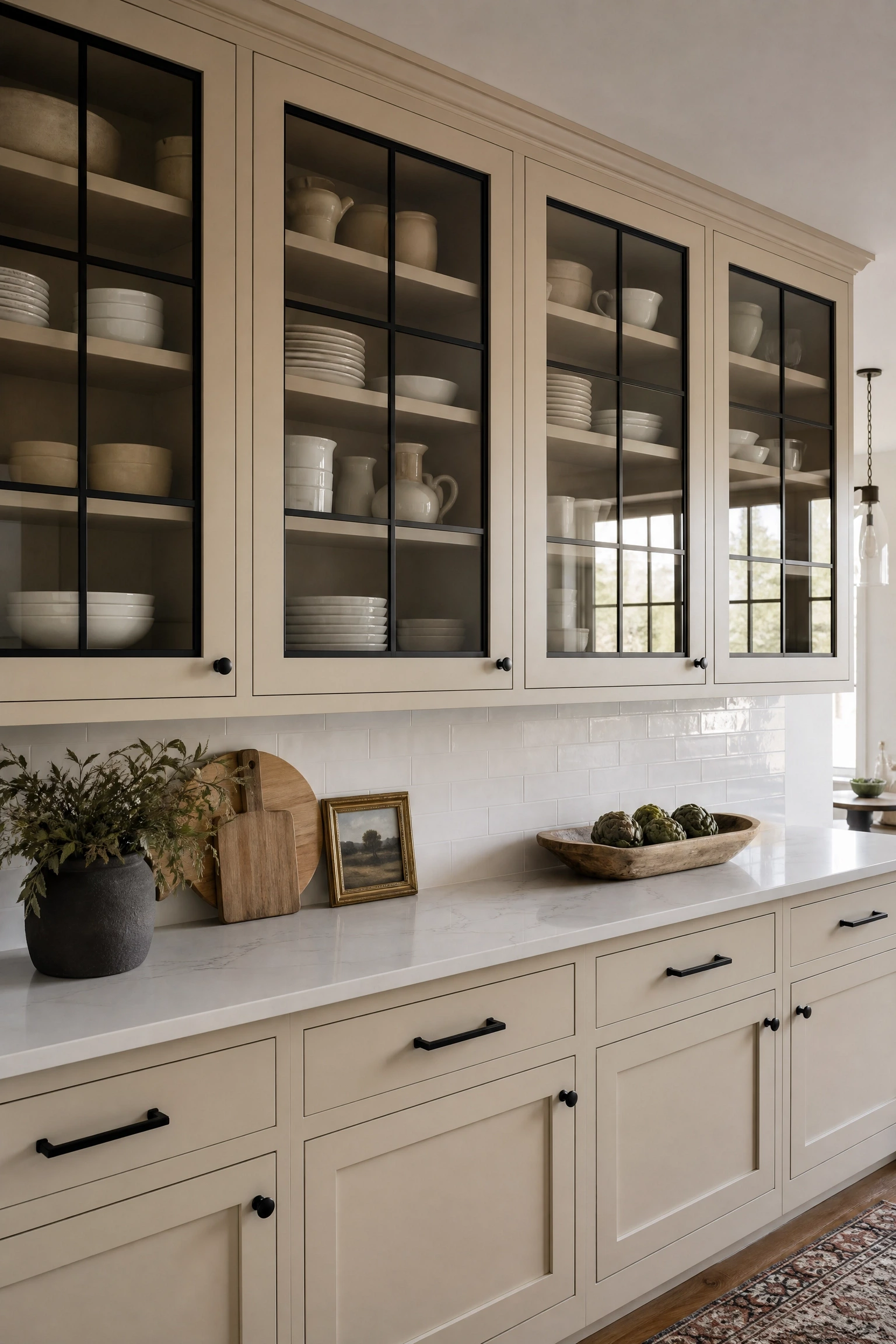 beige cabinets with black-framed glass inserts in a kitchen