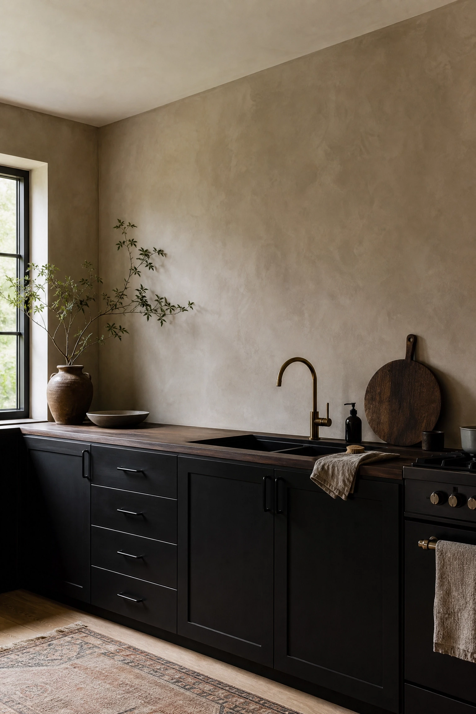 beige roman clay or limewash walls in a black kitchen