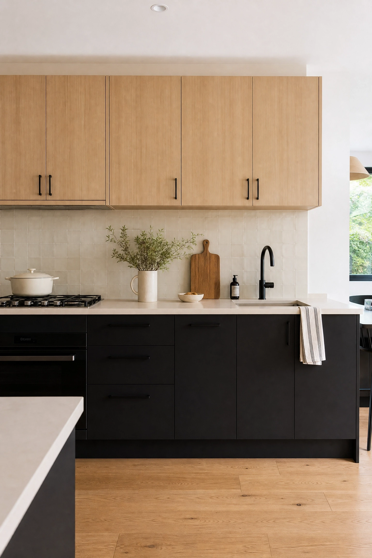 beige upper cabinets and black lower cabinets in a kitchen