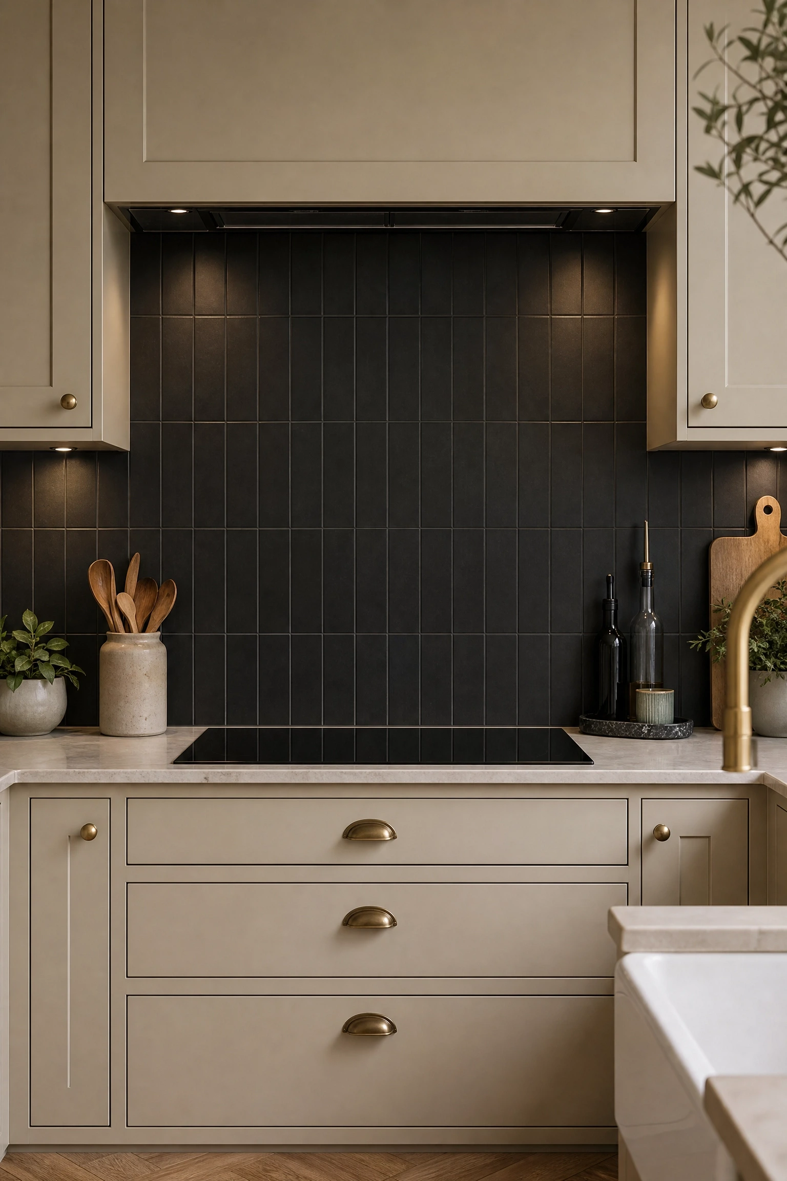 black backsplash in a beige kitchen