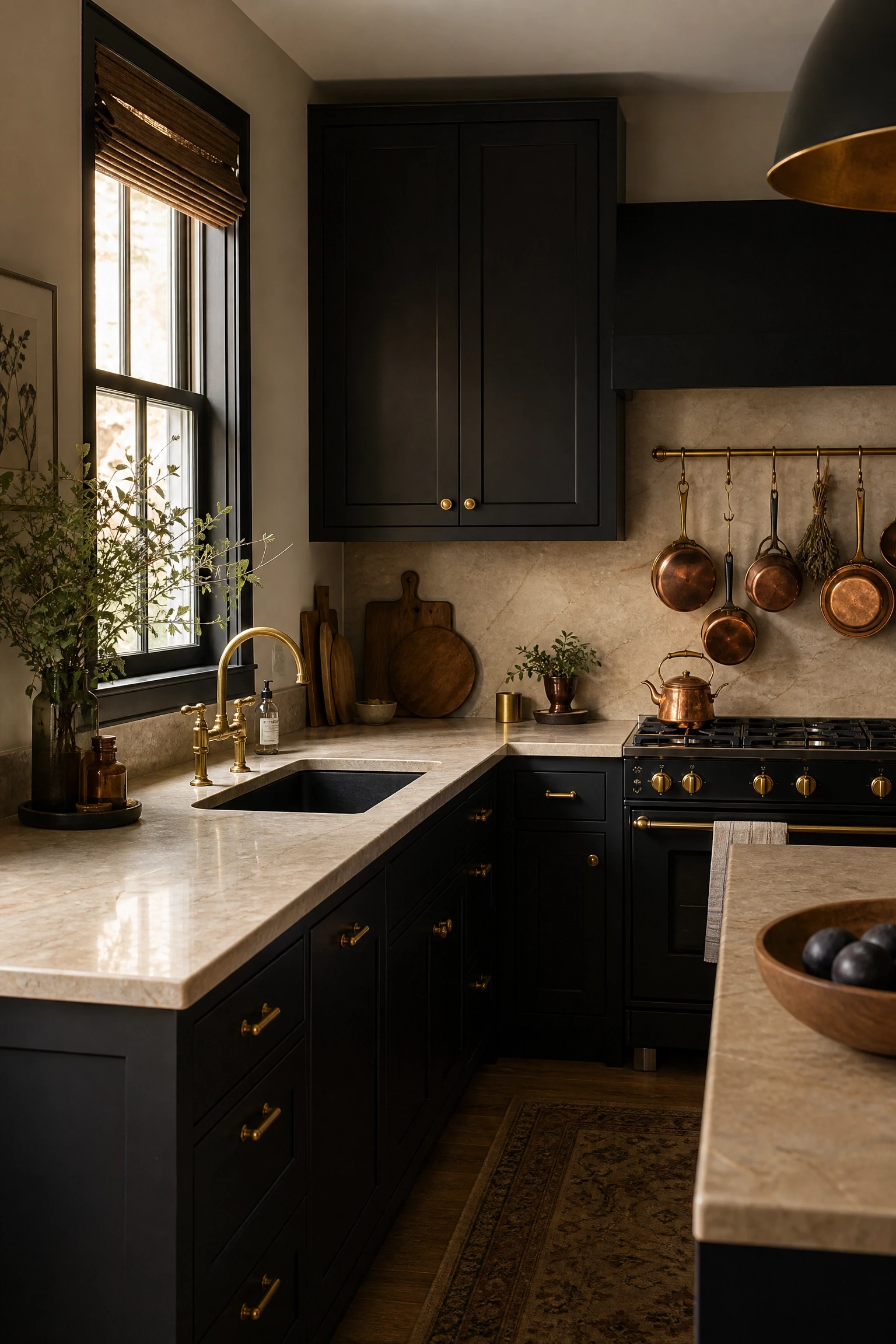black cabinets, beige countertop, and warm brass accents in a kitchen