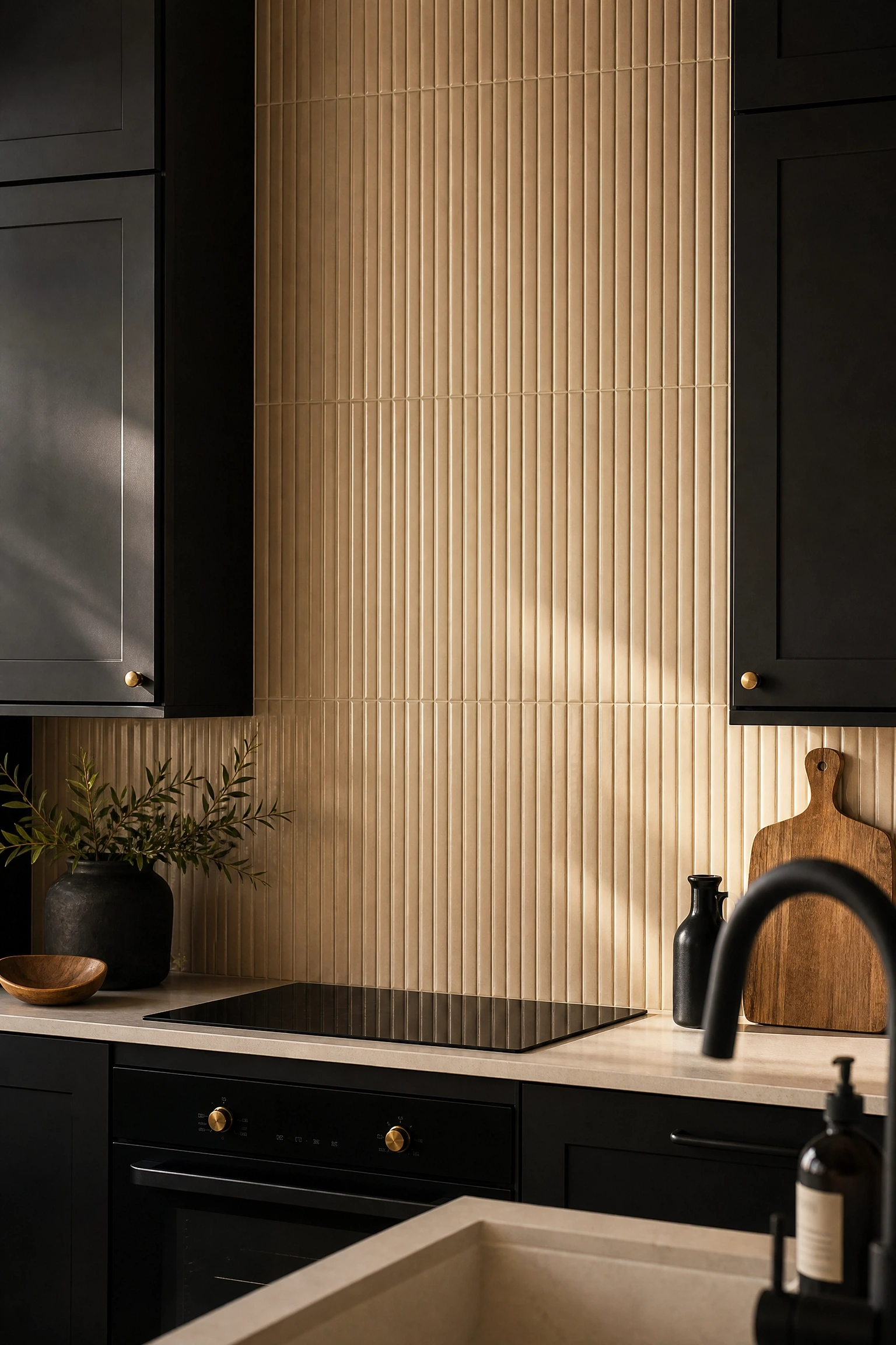 black cabinets with beige fluted or textured backsplash tile in a kitchen