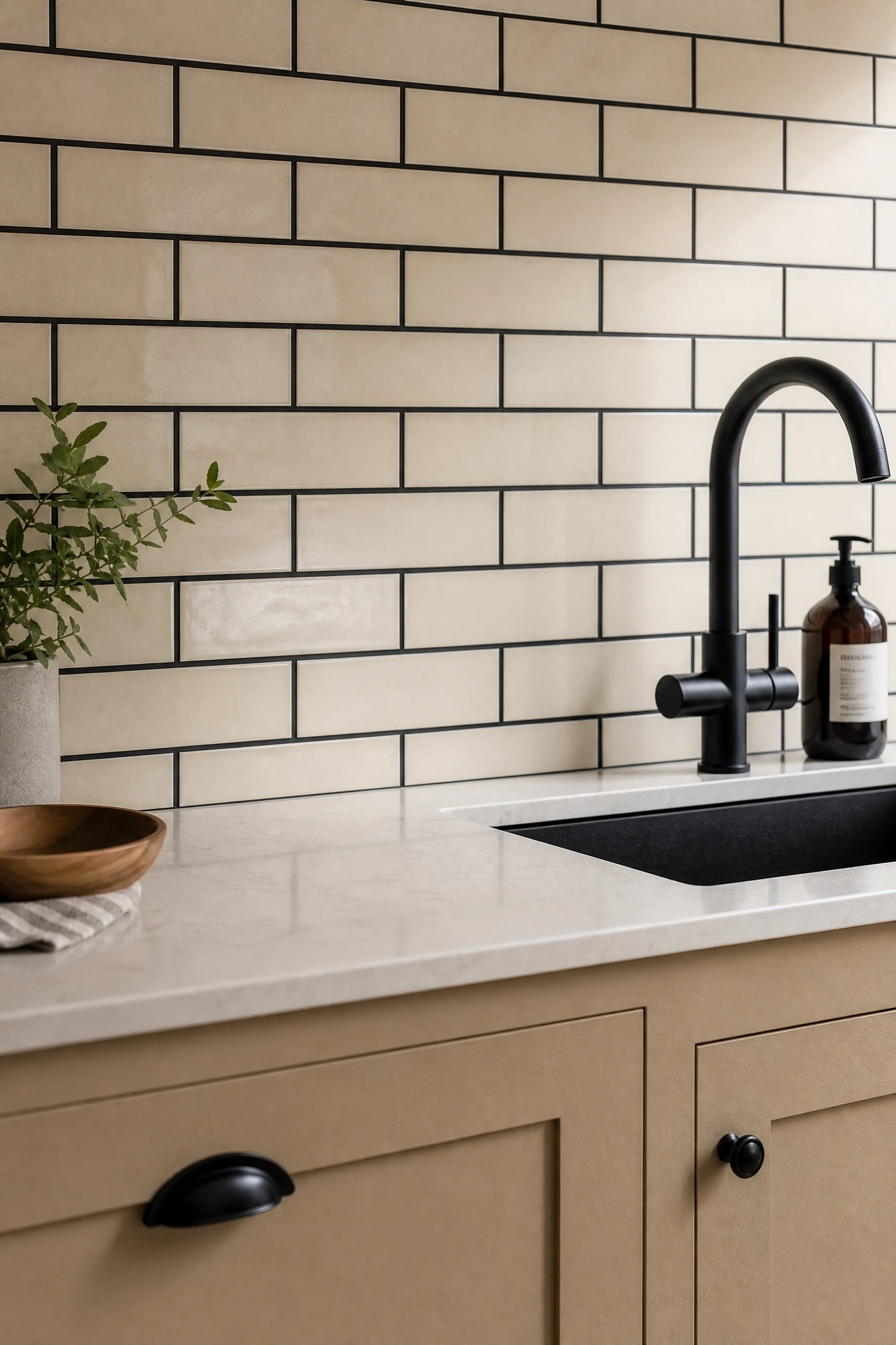 black grout with beige or cream tiles in a kitchen