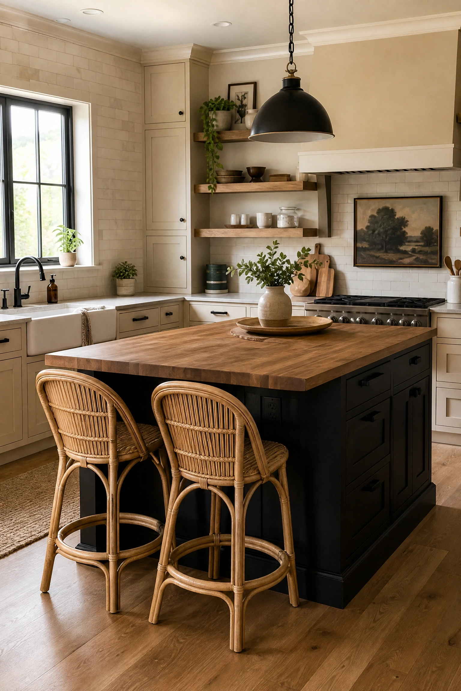 black kitchen island in a beige kitchen