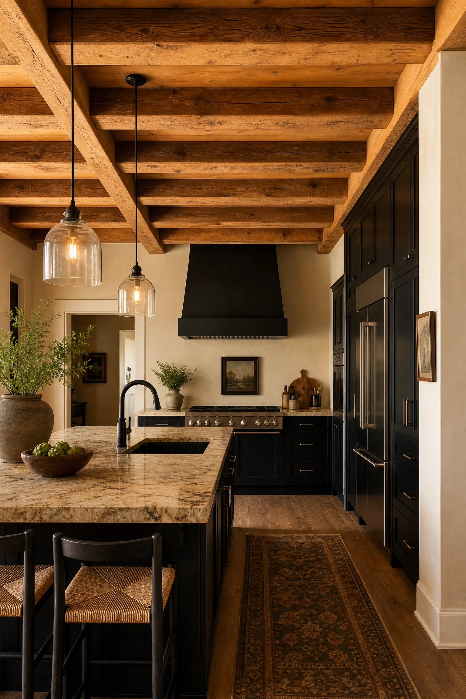 black kitchen with exposed timber ceiling beams