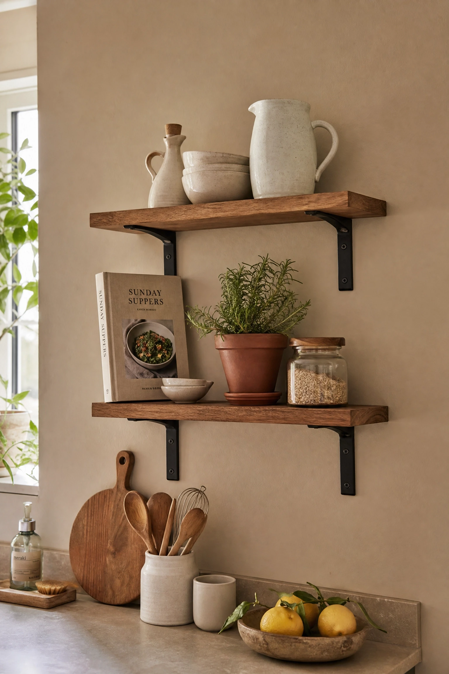 black open shelving against a beige wall in a kitchen