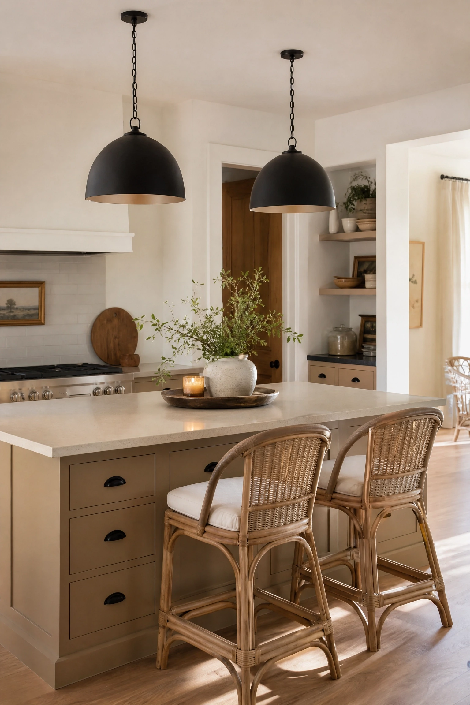 black pendant lights over a beige island in a kitchen