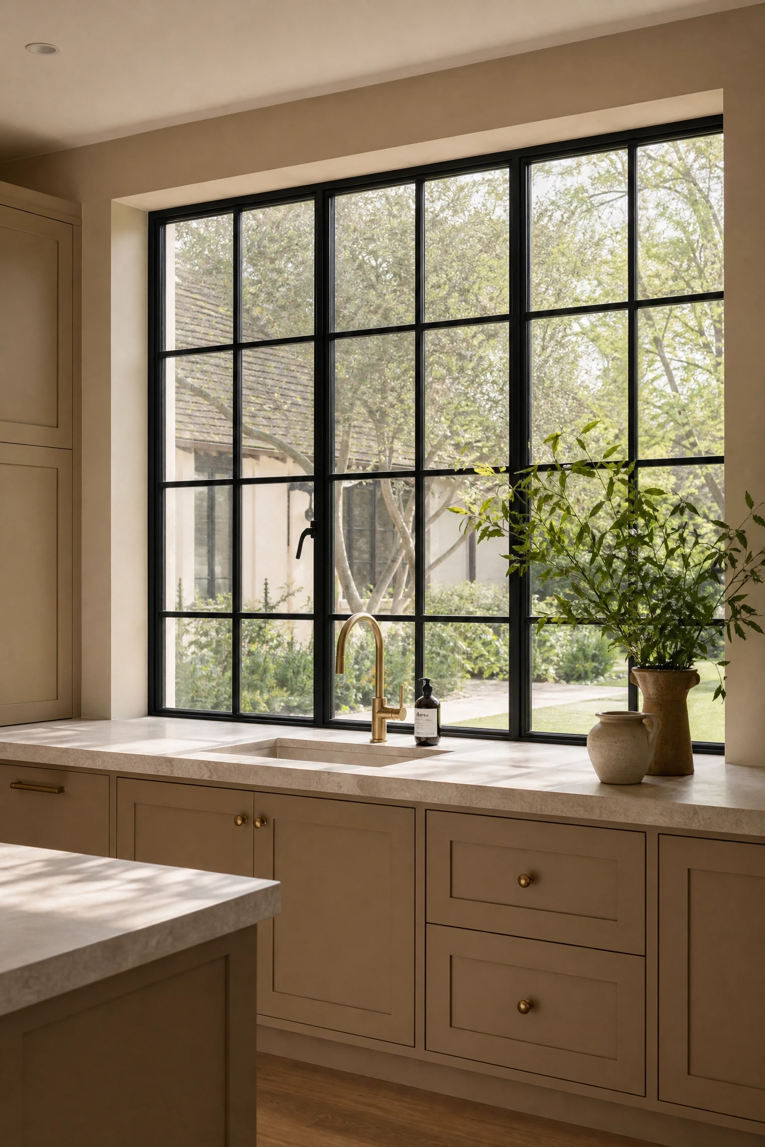 black window frames against beige walls in a kitchen