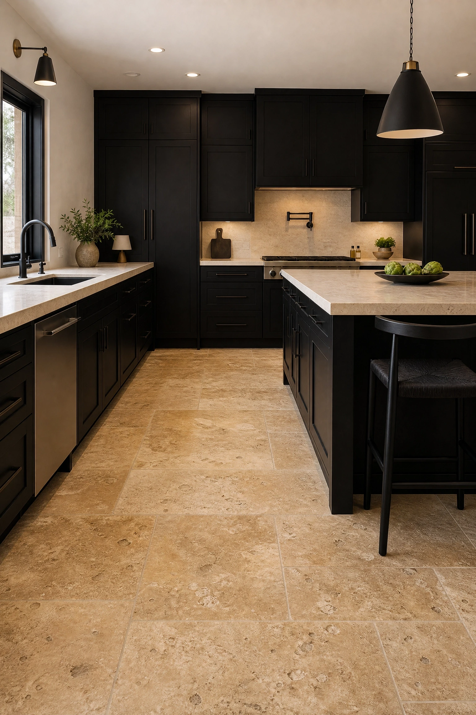 full black cabinetry with warm beige concrete or stone floors in a kitchen