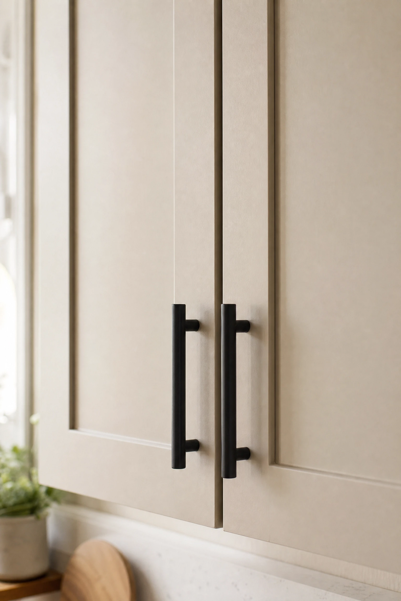 matte black hardware on beige shaker cabinets in a kitchen